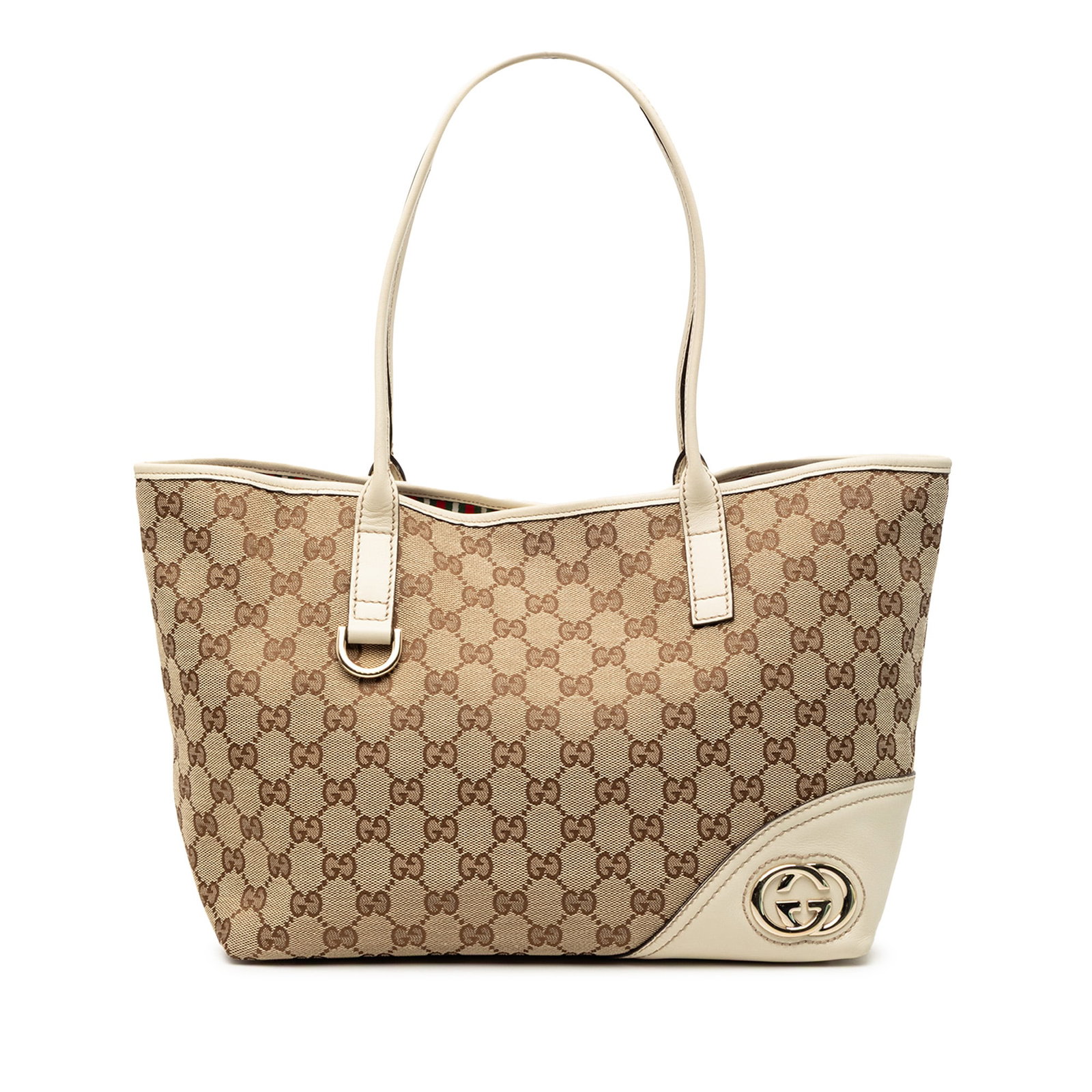 Gucci New Britt Beige Canvas Tote with Leather Handles: Gucci New Britt Beige Canvas Tote with Leather Handles The Gucci GG Canvas New Britt Tote features a beige canvas body with flat leather straps, an open top secured by a magnetic closure, and interior