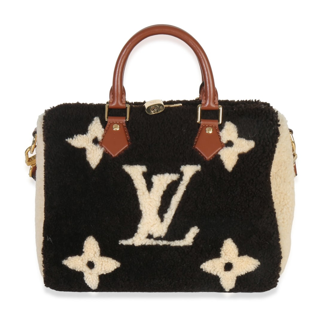 Louis Vuitton Speedy Bandouliere 25 Teddy Fleece Shoulder Bag Beige Brown: Louis Vuitton Speedy Bandouliere 25 Teddy Fleece Shoulder Bag Beige Brown This Louis Vuitton Speedy Bandouliere 25 is crafted from black monogram teddy fleece fabric with beige and brown accents. Desi