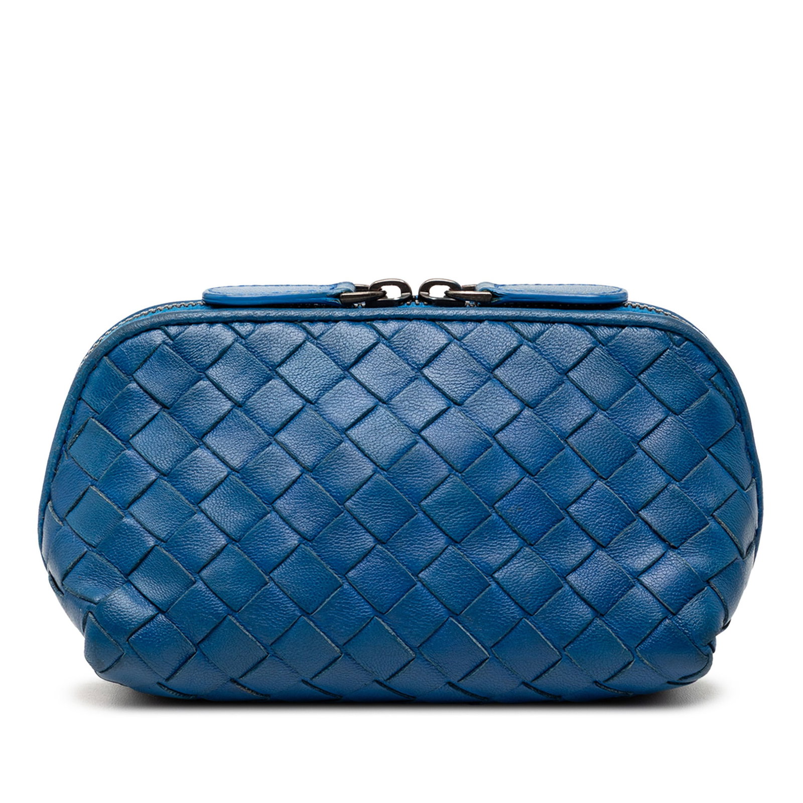 Blue Woven Leather Coin Case by Bottega Veneta Nappa Intrecciato: Blue Woven Leather Coin Case by Bottega Veneta Nappa Intrecciato This Bottega Veneta coin pouch features the signature Intrecciato woven design crafted from blue nappa leather, complemented by a zip-a