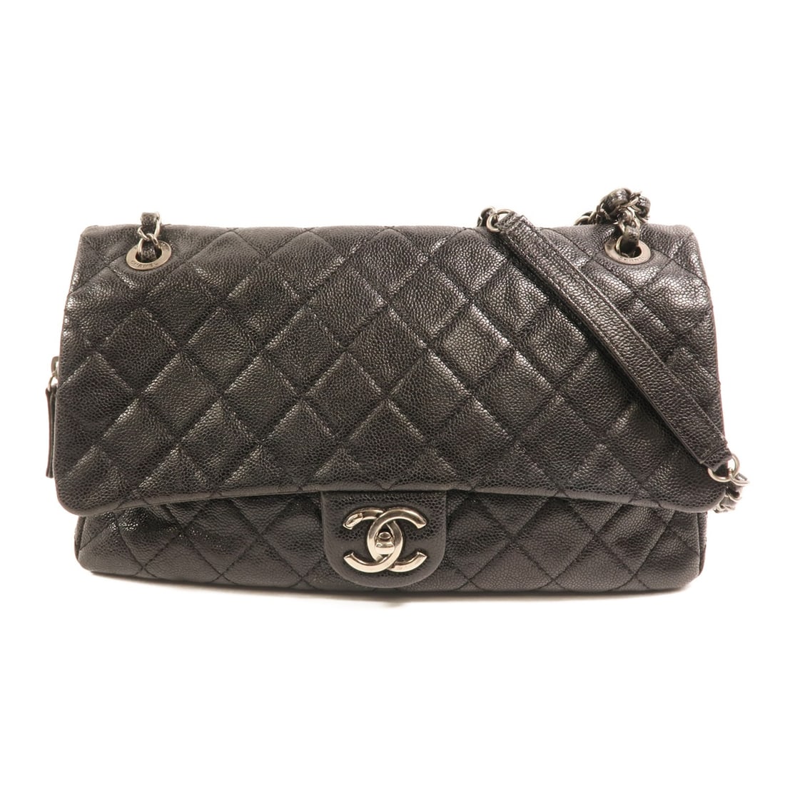 Chanel Black Calfskin Leather Shoulder Bag with Silver Tone Chain: Chanel Black Calfskin Leather Shoulder Bag with Silver Tone Chain This CHANEL shoulder bag is crafted from black calfskin leather and features the iconic CC logo with silver-tone hardware. Designed fo