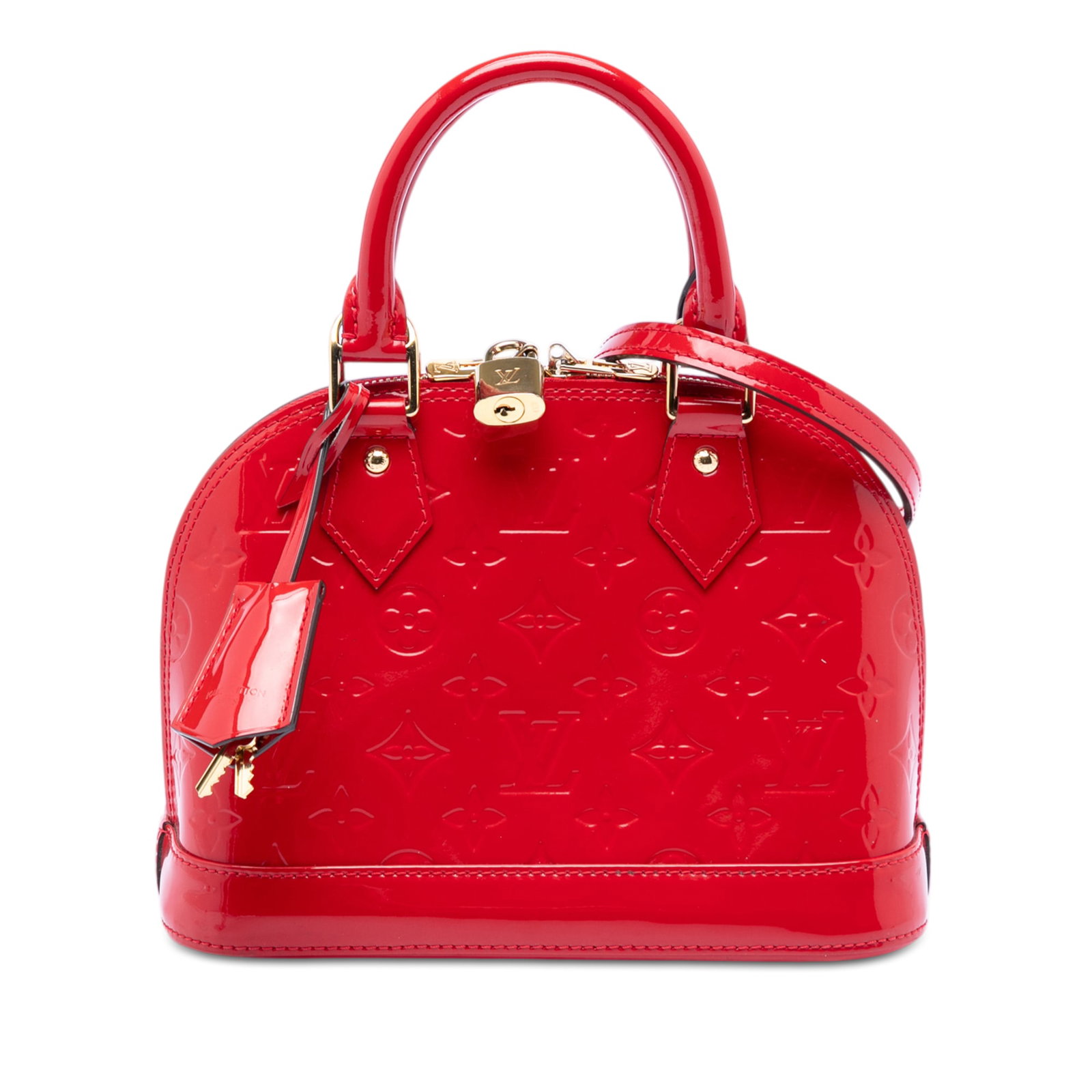 Louis Vuitton Alma BB Red Vernis Leather Crossbody Satchel: Louis Vuitton Alma BB Red Vernis Leather Crossbody Satchel This Louis Vuitton Monogram Vernis Alma BB is crafted from glossy vernis leather in red and features rolled leather handles and a detachable 