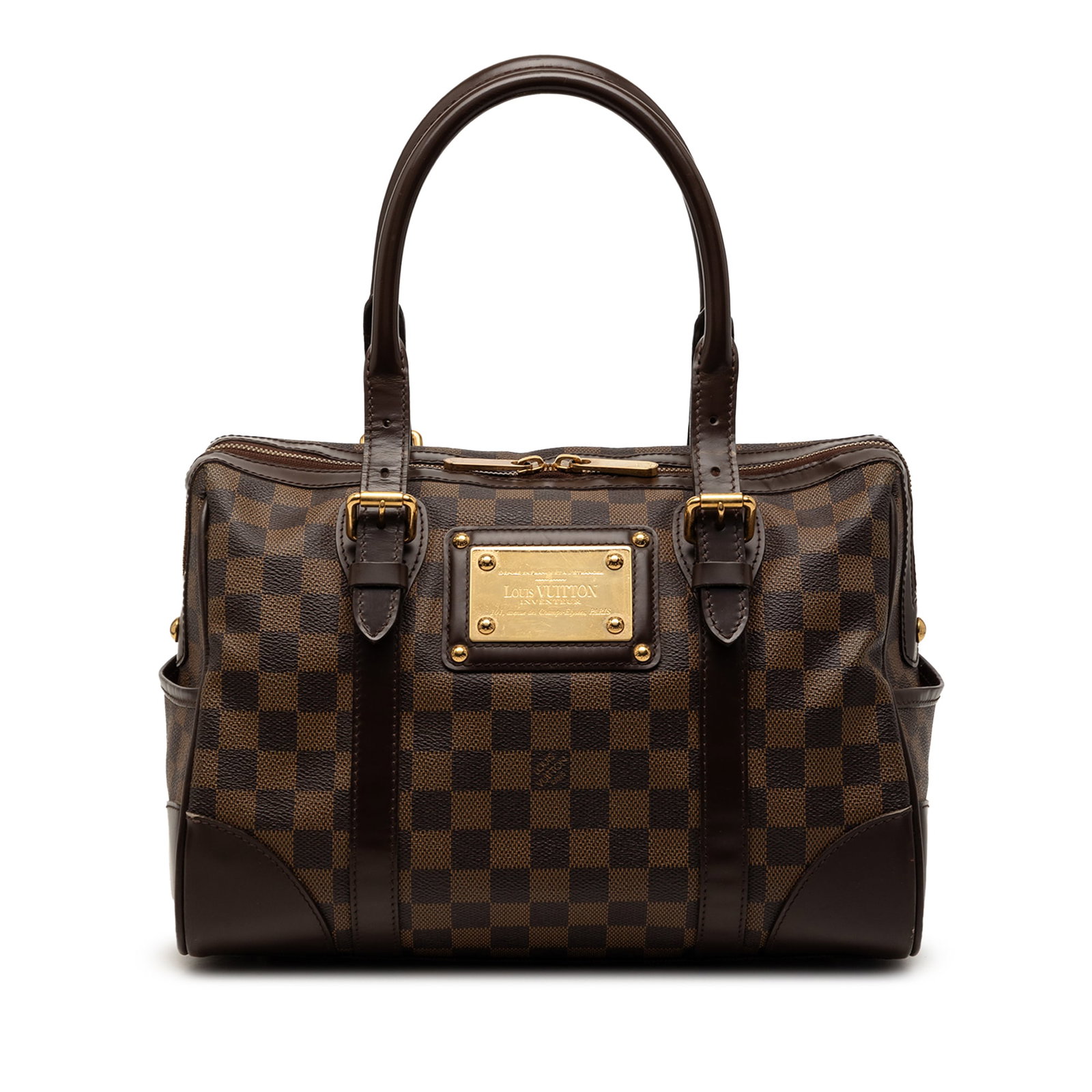 Louis Vuitton Berkeley Handbag in Damier Ebene Canvas Brown: Louis Vuitton Berkeley Handbag in Damier Ebene Canvas Brown This Louis Vuitton Damier Ebene Berkeley bag features a signature damier canvas body with rolled leather handles, a top zip closure, and int