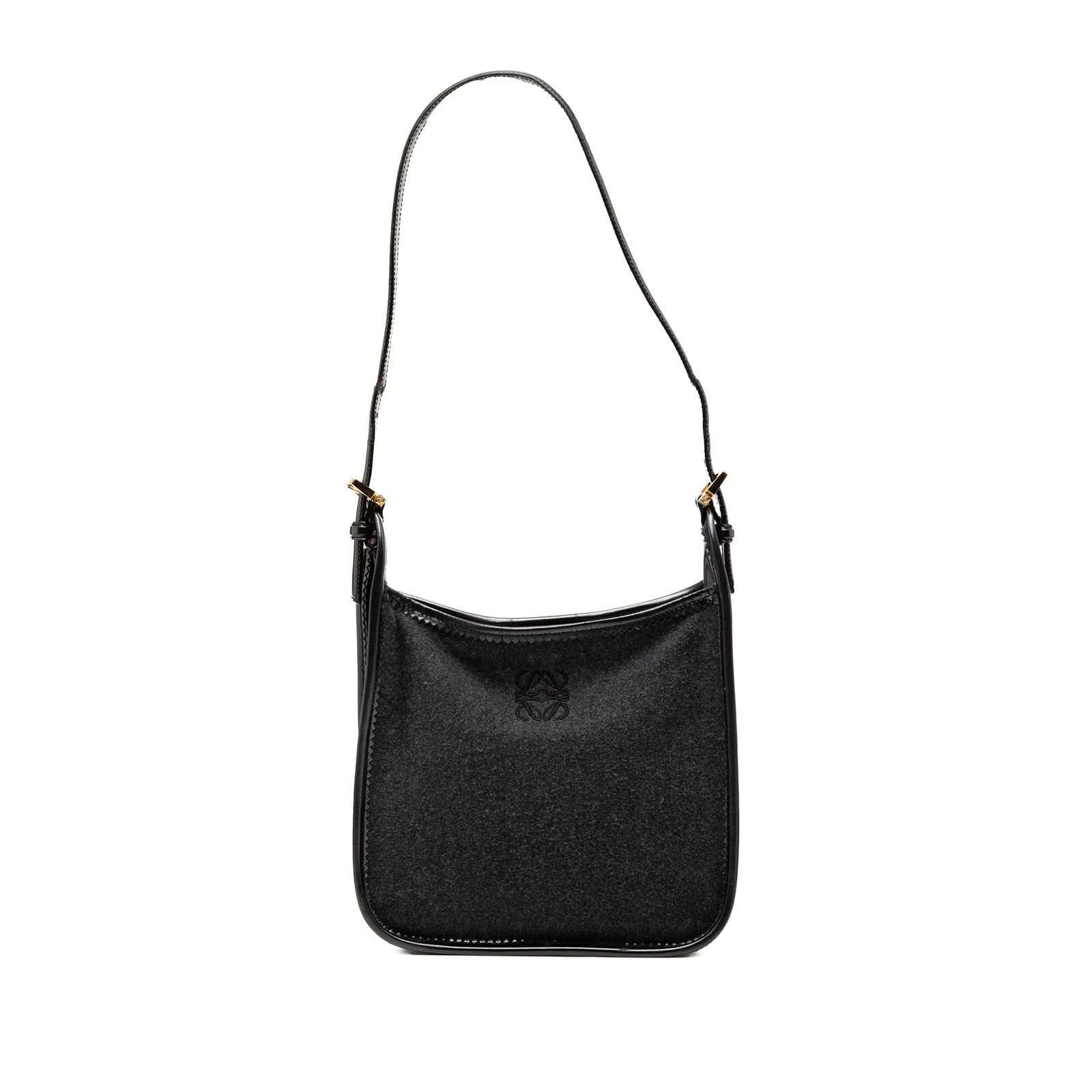 Loewe Anagram Gray Wool Hobo Bag with Leather Strap: Loewe Anagram Gray Wool Hobo Bag with Leather Strap This LOEWE Wool Anagram Shoulder Bag features a hobo silhouette with a wool body and a flat leather shoulder strap. The bag has an open top with a m