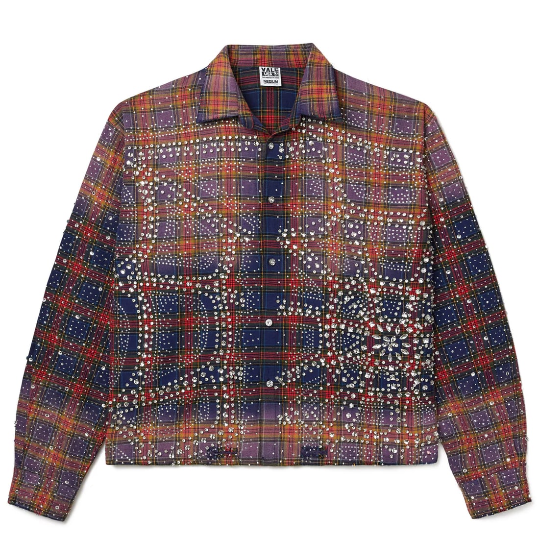 Medium Purple Plaid Flannel Shirt with Rhinestone Spider Web by Vale: Medium Purple Plaid Flannel Shirt with Rhinestone Spider Web by Vale The Vale Purple Fever Flannel Shirt features a soft and durable cotton blend for warmth and breathability. Showcasing rich purple t