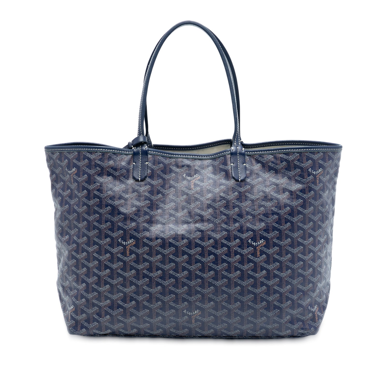Blue Goyard Saint Louis PM Tote with Interior Pouch and Leather Trim: Blue Goyard Saint Louis PM Tote with Interior Pouch and Leather Trim The Saint Louis PM is crafted from coated canvas with leather trim and features flat leather straps, an open top, and an interior p