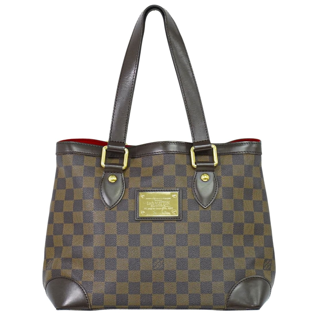 Hampstead PM Tote in Brown Damier Canvas by Louis Vuitton: Hampstead PM Tote in Brown Damier Canvas by Louis Vuitton This pre-owned Louis Vuitton Hampstead PM tote bag features a brown Damier canvas exterior and is designed for women. The bag shows signs of u