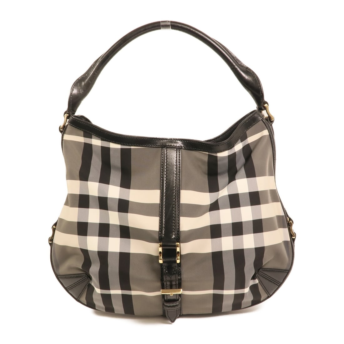 Burberry Black Nylon Shoulder Bag with Gold Hardware White Accents: Burberry Black Nylon Shoulder Bag with Gold Hardware White Accents This Burberry shoulder bag features a stylish black and white design crafted from durable nylon. Designed for women, it offers a spac
