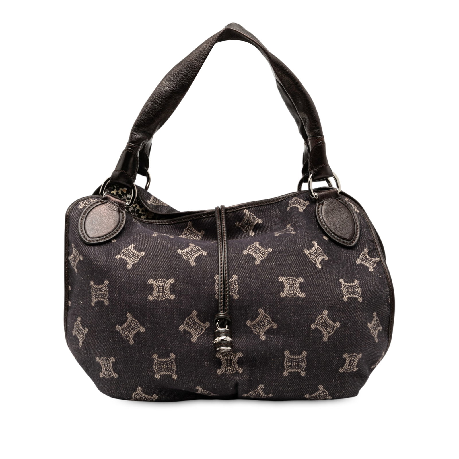 Celine Bittersweet Hobo Bag with Macadam Denim and Leather Trim: Celine Bittersweet Hobo Bag with Macadam Denim and Leather Trim The Celine Macadam Denim Bittersweet Hobo Bag features a denim body with leather trim, flat leather handles, an open top with a magnetic
