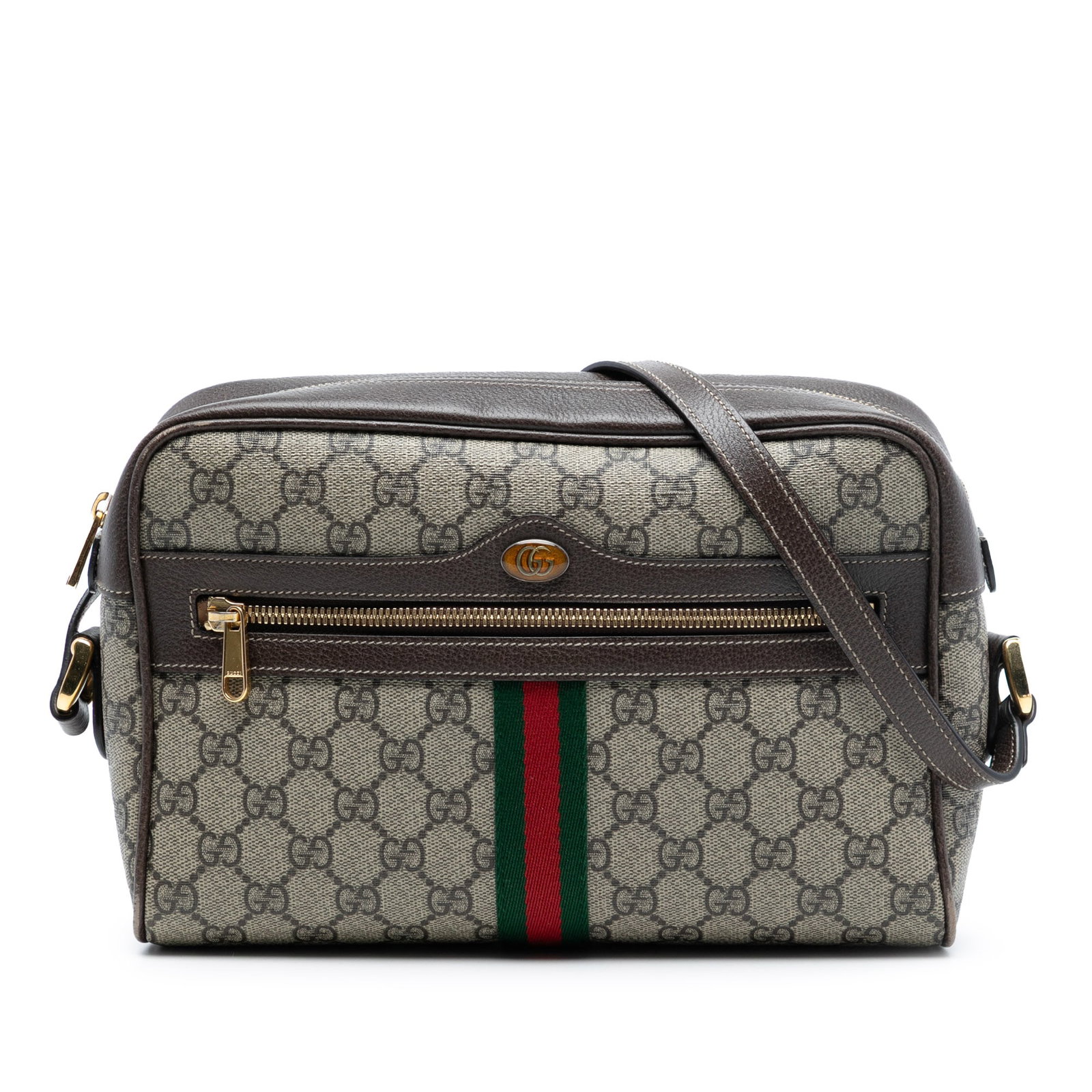 GG Supreme Ophidia Crossbody Bag by Gucci in Brown Canvas: GG Supreme Ophidia Crossbody Bag by Gucci in Brown Canvas The Gucci GG Supreme Ophidia Crossbody Bag showcases a coated canvas body with a flat leather strap and leather trim. It features a top zip cl