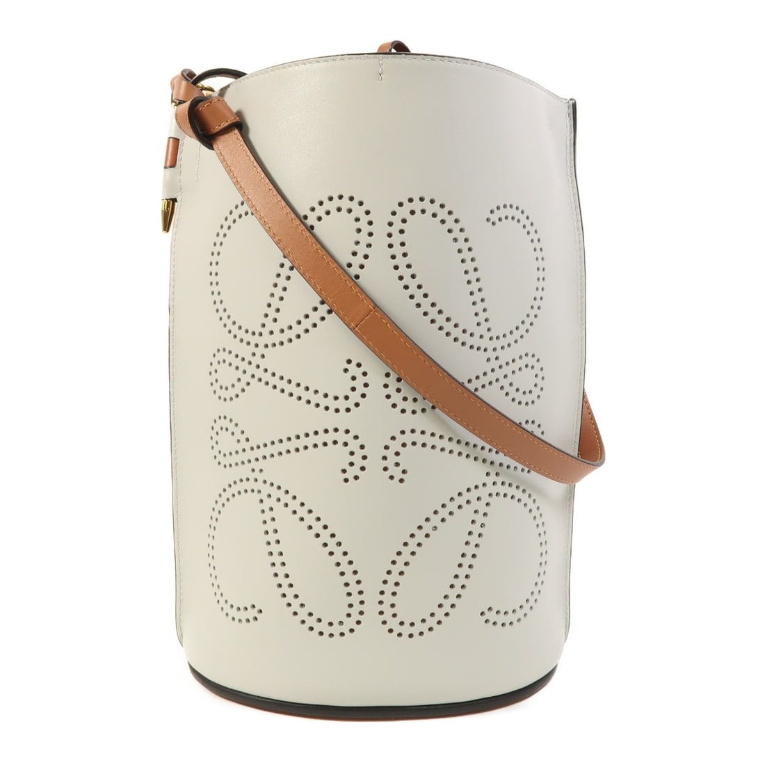 LOEWE Gate Anagram Bucket Shoulder Bag Calfskin Leather Brown: LOEWE Gate Anagram Bucket Shoulder Bag Calfskin Leather Brown This LOEWE Gate Anagram bucket shoulder bag is crafted from premium calfskin leather in a sophisticated grey and brown color combination. 