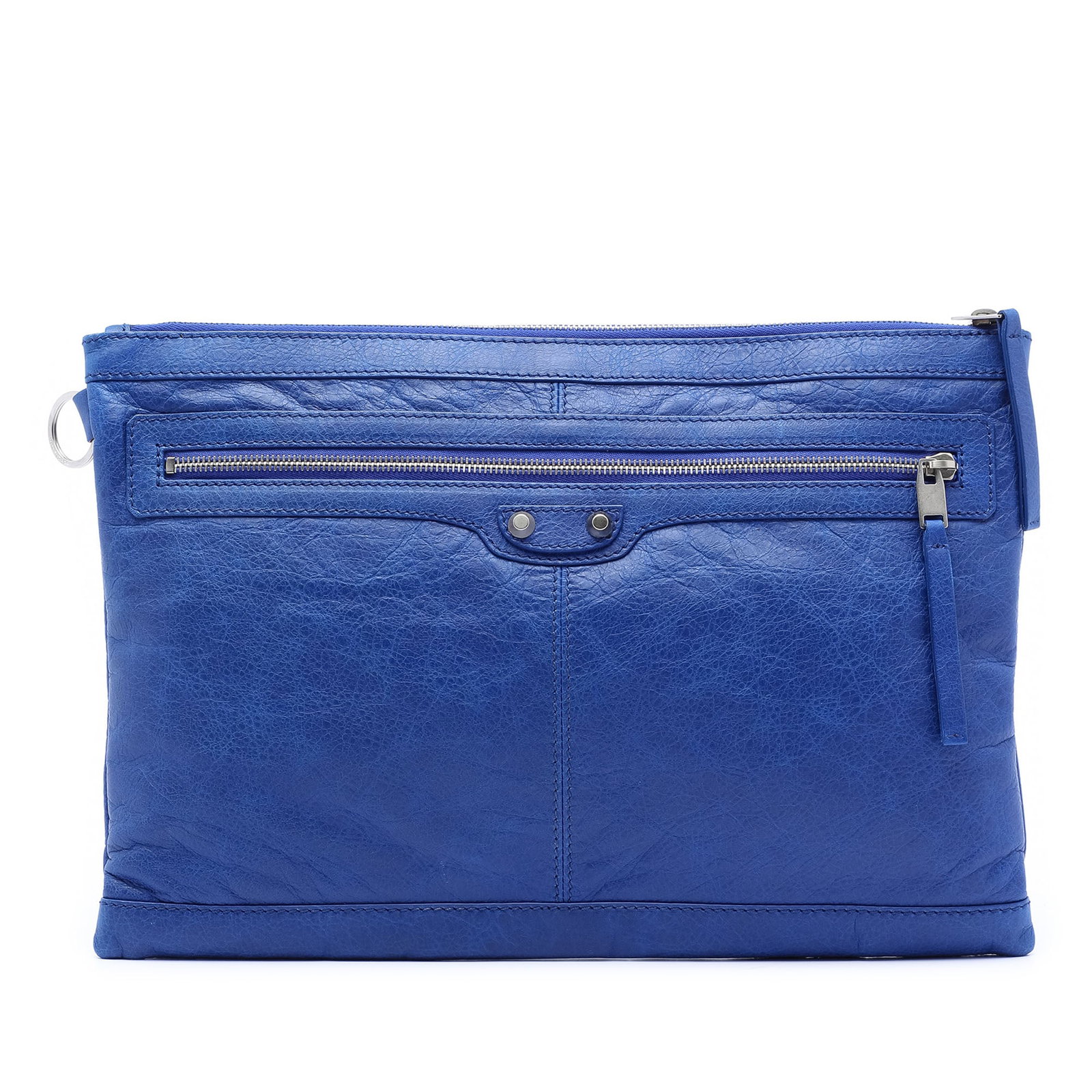 Balenciaga Motocross Classic Clip L Blue Lambskin Leather Clutch Bag: Balenciaga Motocross Classic Clip L Blue Lambskin Leather Clutch Bag This Balenciaga clutch bag is crafted from lambskin leather and features a top zip closure, an exterior front zip pocket, and an in