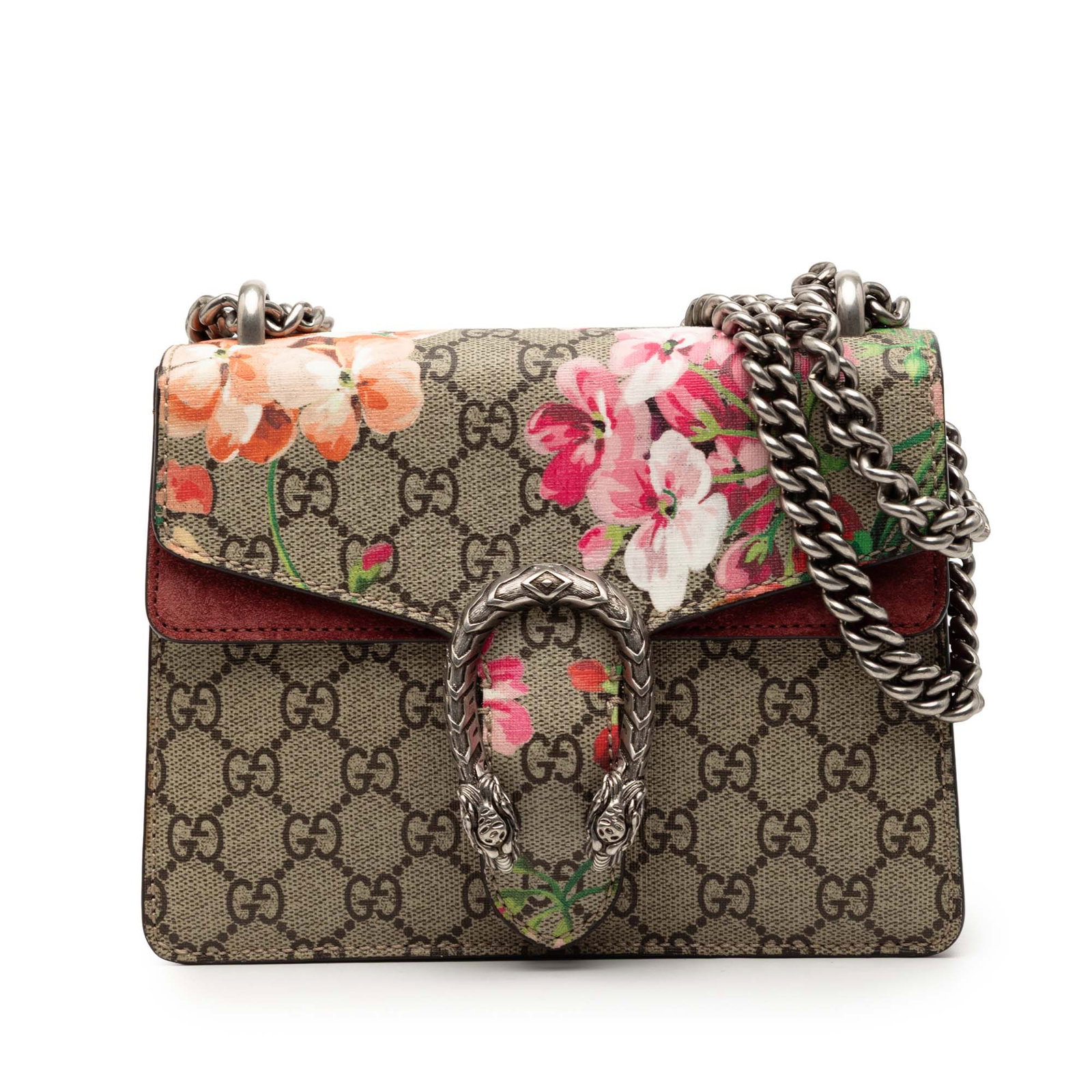 Gucci Dionysus Small GG Blooms Beige Coated Canvas Crossbody Bag: Gucci Dionysus Small GG Blooms Beige Coated Canvas Crossbody Bag This Gucci Small GG Supreme Blooms Dionysus crossbody bag features a coated canvas exterior with a multicolor Blooms print, complemente