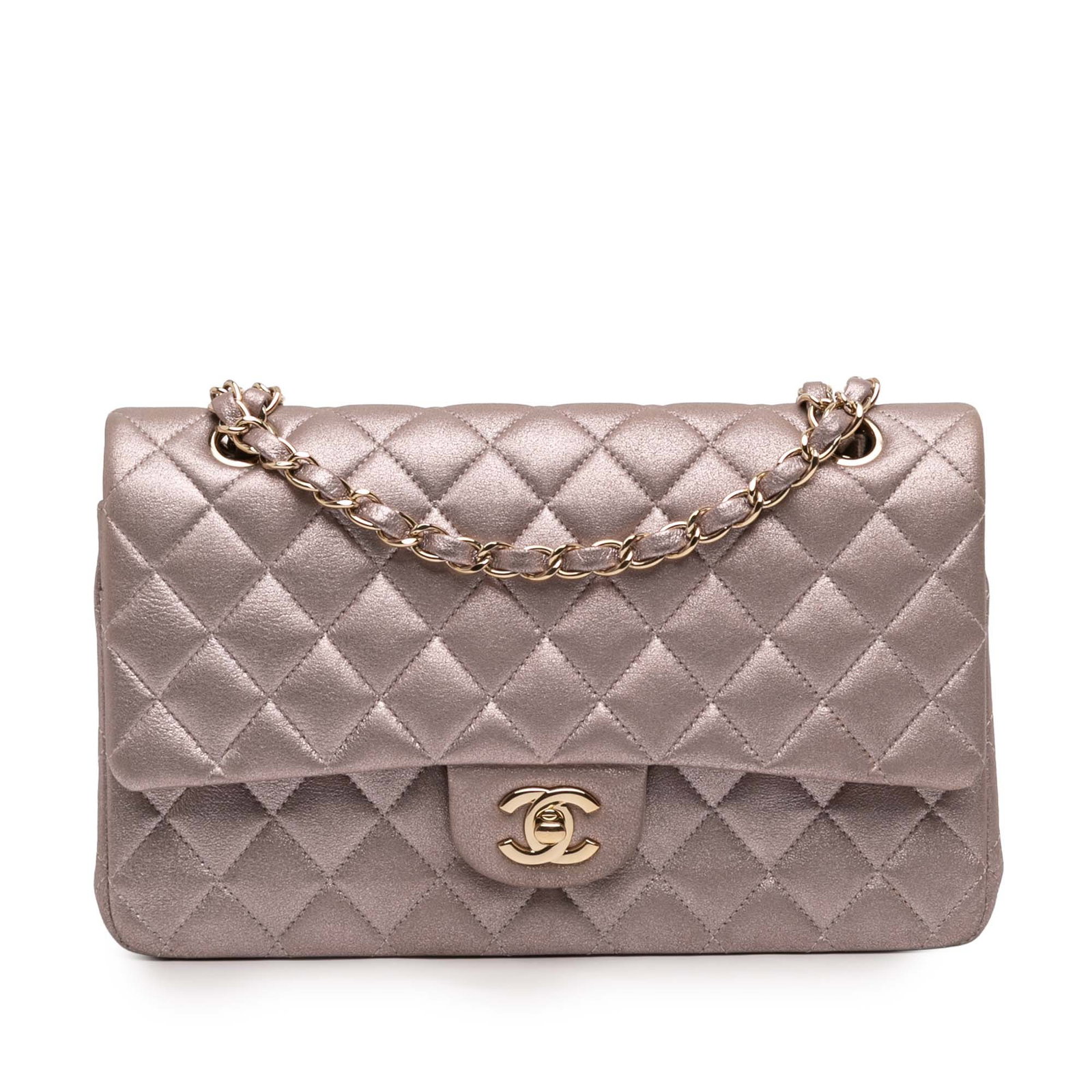 Chanel Pink Iridescent Quilted Lambskin Medium Double Flap Shoulder Bag: Chanel Pink Iridescent Quilted Lambskin Medium Double Flap Shoulder Bag This Chanel Medium Classic Iridescent Lambskin Double Flap bag features a quilted metallic lambskin leather exterior in pink, co