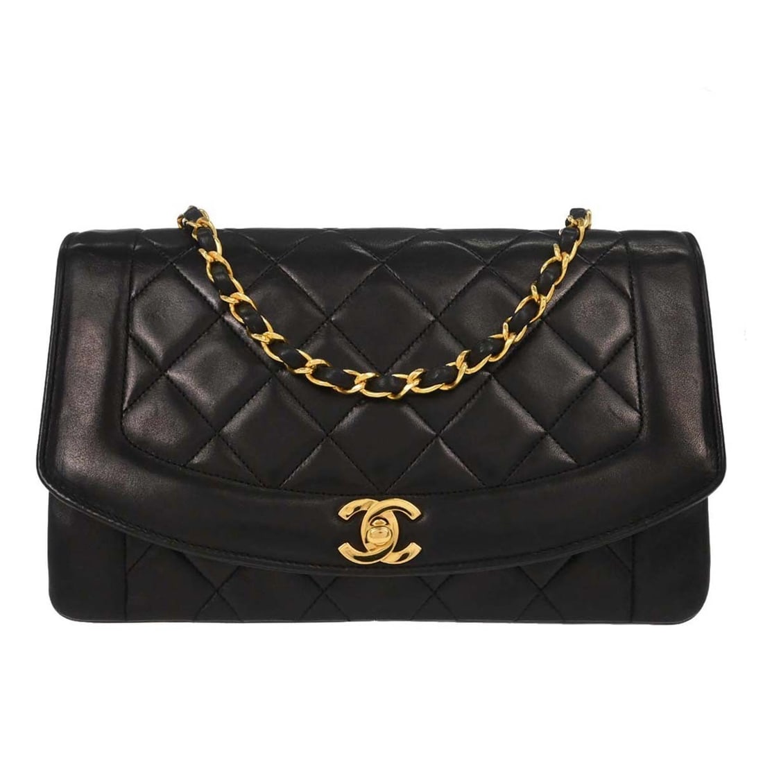 Chanel Diana Medium Black Quilted Lambskin Leather Shoulder Bag: Chanel Diana Medium Black Quilted Lambskin Leather Shoulder Bag This Chanel Medium Diana Shoulder Bag features black quilted lambskin leather with a classic flap and turnlock closure. Designed with a 