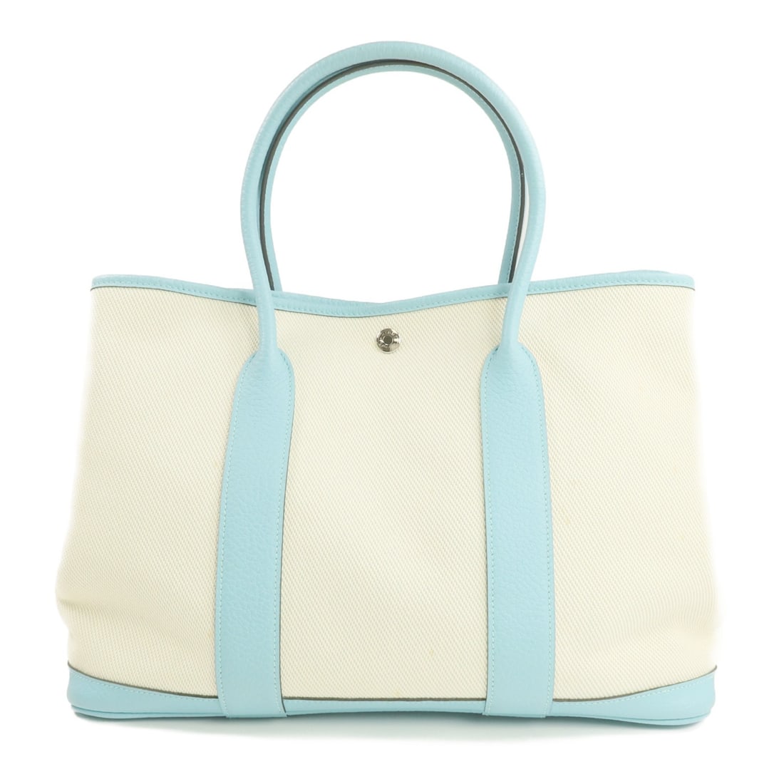 Hermes Garden Party PM Tote Negonda Leather and Canvas Bleu Atoll Palladium: Hermes Garden Party PM Tote Negonda Leather and Canvas Bleu Atoll Palladium This Hermes Garden Party PM tote bag features a combination of Negonda leather and canvas in a Beige exterior color. Designe