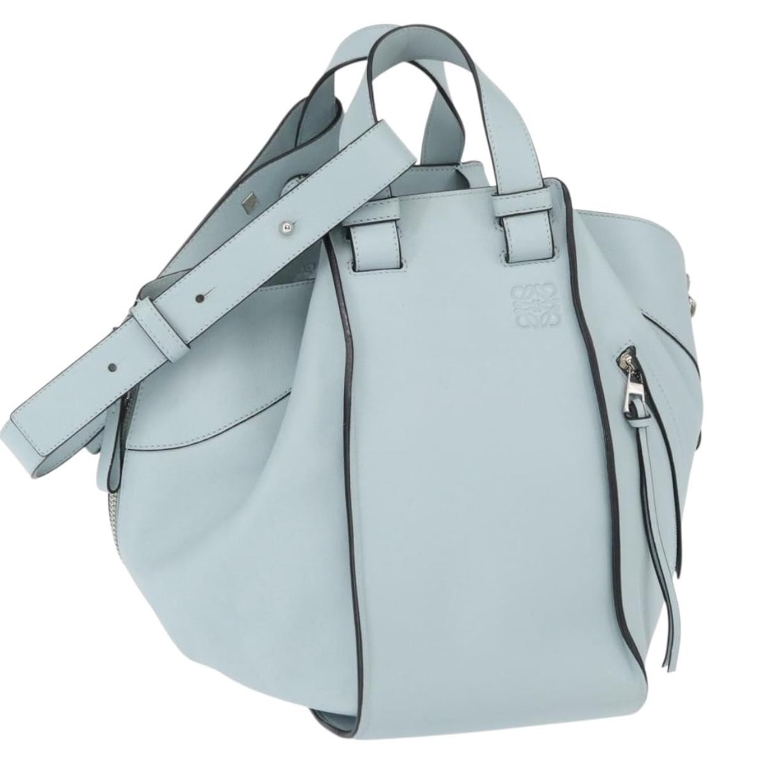 Light Blue LOEWE Hammock Medium Leather 2way Bag with Dust Bag and Strap: Light Blue LOEWE Hammock Medium Leather 2way Bag with Dust Bag and Strap This LOEWE Hammock Medium Hand Bag features a versatile 2-way design crafted in light blue and silver leather. The bag includes