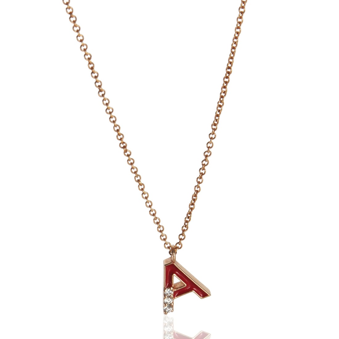 Mini Red Enamel Initial A Pendant in 14K Rose Gold with Diamond Accent: Mini Red Enamel Initial A Pendant in 14K Rose Gold with Diamond Accent This women's pendant features a mini initial 'A' design from the Mini Red Enamel Initial A Collection, crafted in 14K rose gold. 
