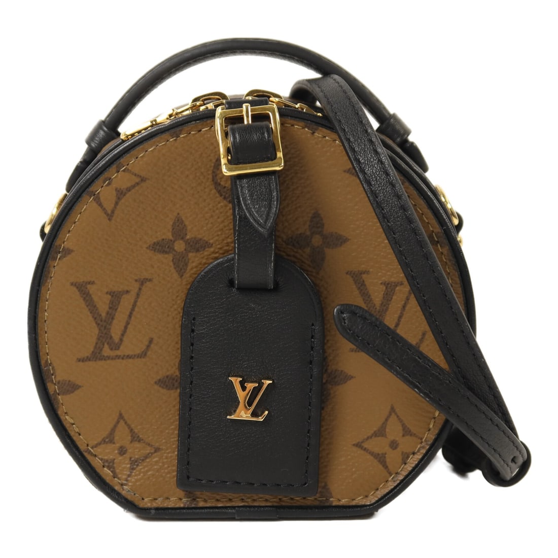 Louis Vuitton Mini Boite Chapeau Monogram Reverse Shoulder Bag GHW M68276: Louis Vuitton Mini Boite Chapeau Monogram Reverse Shoulder Bag GHW M68276 This Louis Vuitton Mini Boite Chapeau is a versatile women's 2-way shoulder bag crafted from durable PVC coated canvas in the 