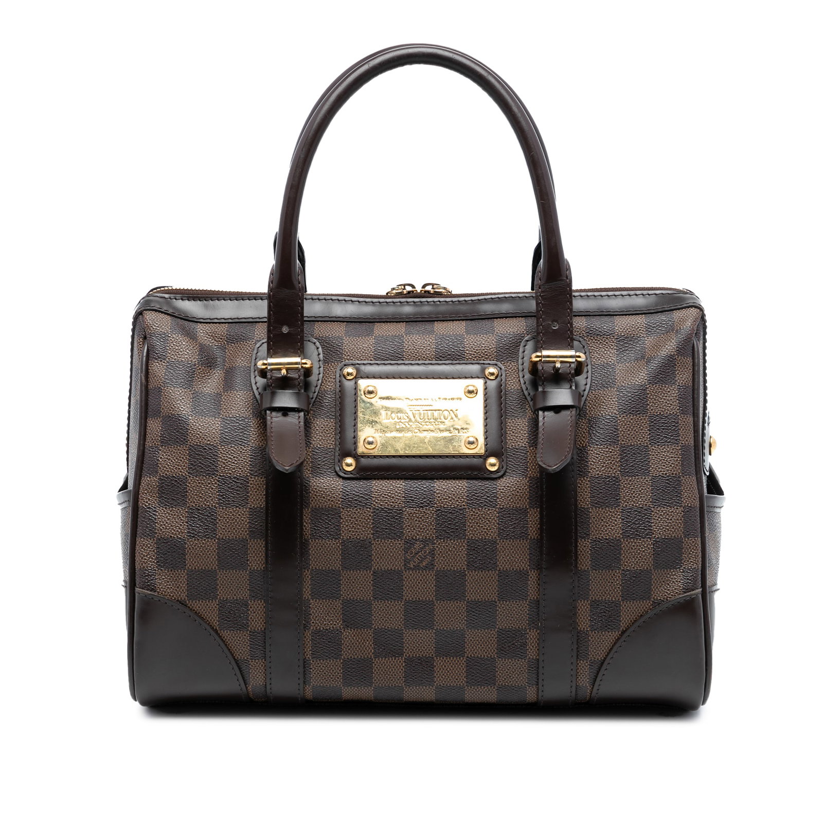 Damier Ebene Berkeley Handbag by Louis Vuitton with Leather Accents: Damier Ebene Berkeley Handbag by Louis Vuitton with Leather Accents This Louis Vuitton Damier Ebene Berkeley bag features the iconic damier canvas body with leather trim and rolled leather handles. It