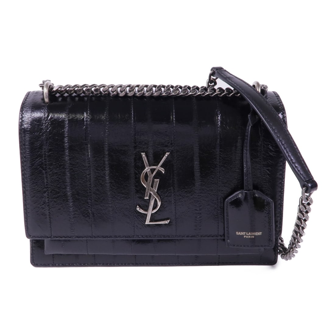Yves Saint Laurent Sunset Medium Black Calfskin Chain Shoulder Bag: Yves Saint Laurent Sunset Medium Black Calfskin Chain Shoulder Bag Introducing the SAINT LAURENT Sunset Medium Chain Shoulder Bag, a timeless accessory that combines elegance and functionality. Crafte
