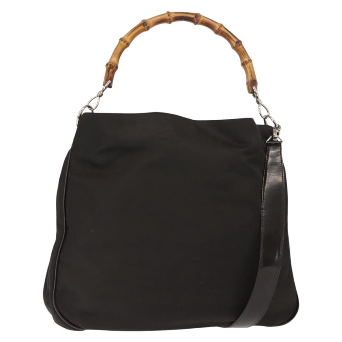 Gucci Nylon Vintage Bamboo Shoulder Bag Brown 40cm by 26cm by 10cm: Gucci Nylon Vintage Bamboo Shoulder Bag Brown 40cm by 26cm by 10cm This vintage Gucci shoulder bag for women features a brown nylon body with bamboo details. It offers a stylish and functional design 