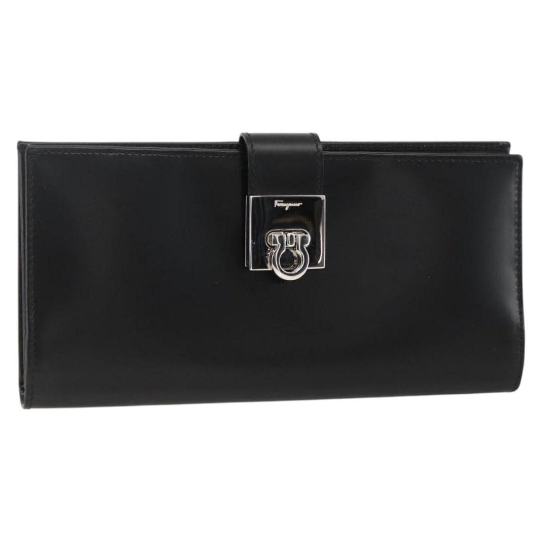 Gancini Black Leather Long Wallet by Salvatore Ferragamo with Silver Accents: Gancini Black Leather Long Wallet by Salvatore Ferragamo with Silver Accents This Salvatore Ferragamo Gancini long wallet features a sleek black leather exterior with silver-tone details. Designed for