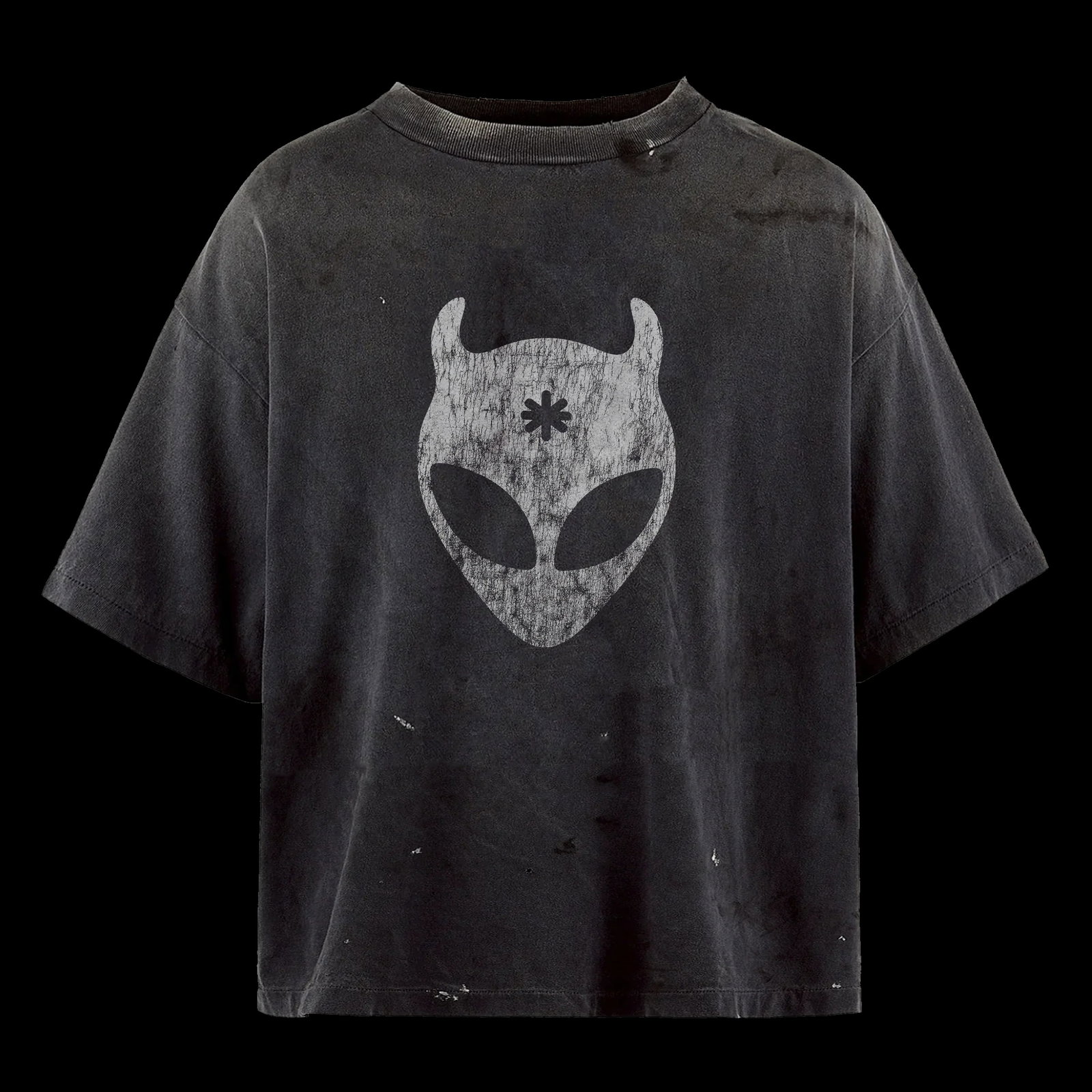 Other Side Washed Black Cotton T-Shirt by Lost Shdws with Alien Graphic: Other Side Washed Black Cotton T-Shirt by Lost Shdws with Alien Graphic This washed black tee is made from ultra-soft 100% cotton and features a vintage, garment-dyed look with intentional distressing