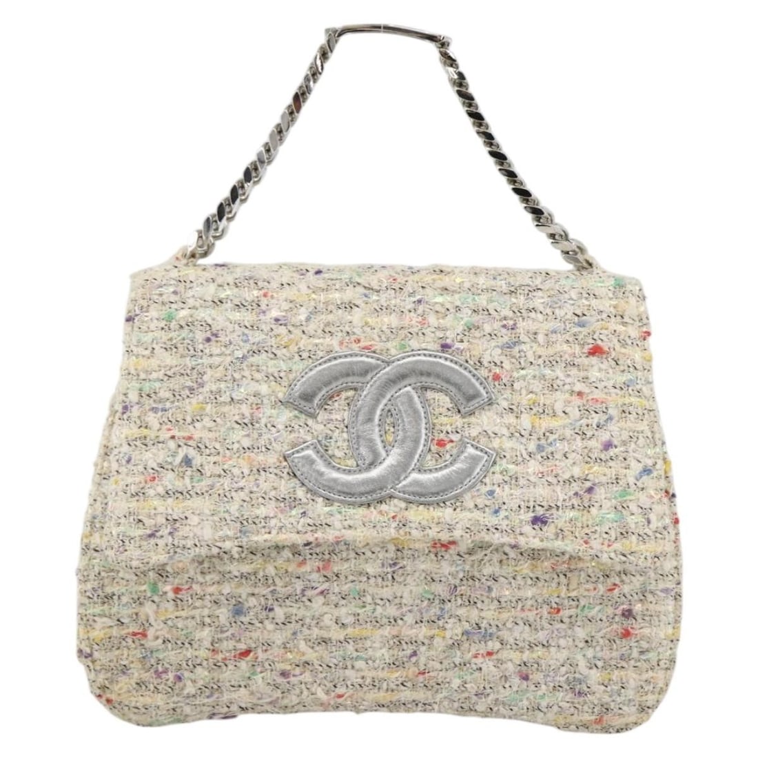 Chanel Quilted Tweed Vintage CC Chain White Top Handle Handbag: Chanel Quilted Tweed Vintage CC Chain White Top Handle Handbag This Chanel Vintage CC Chain Top Handle Bag features classic quilted tweed in white and is designed specifically for women. It includes a