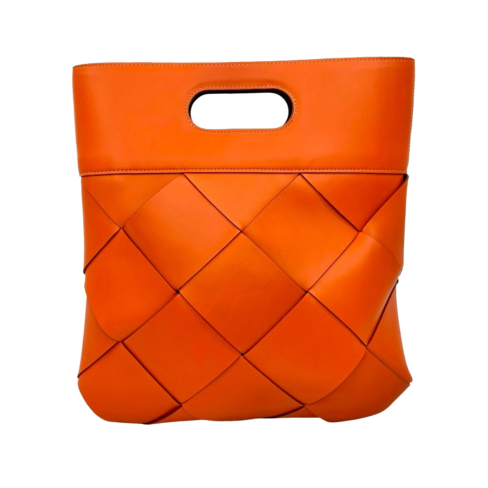 Orange Leather Small Tote by Bottega Veneta with Cut-Out Handles: Orange Leather Small Tote by Bottega Veneta with Cut-Out Handles This Bottega Veneta Small French Calfskin Slip Tote features a leather body in orange, cut-out handles, an open top, and interior zip a