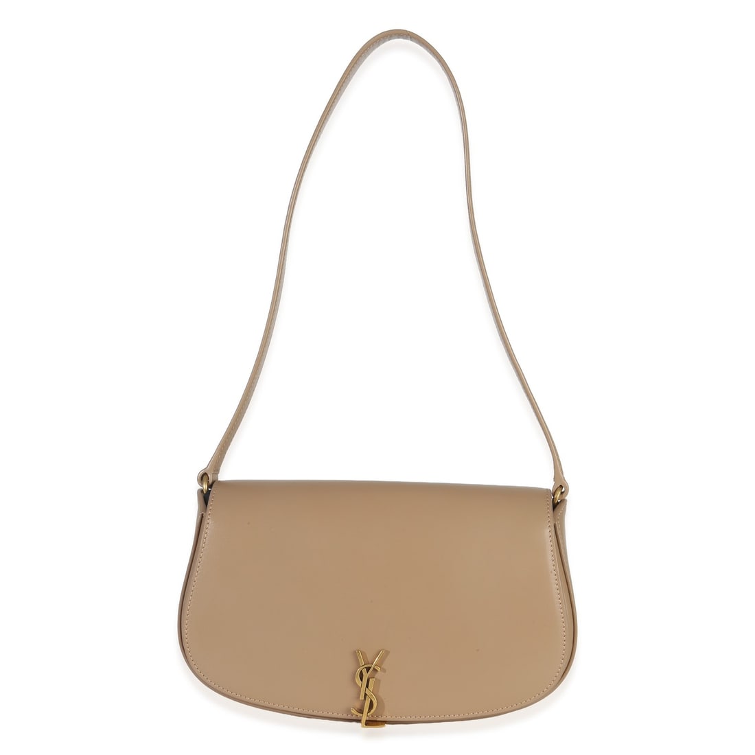 Mini Voltaire Shoulder Bag in Beige Leather by Saint Laurent: Mini Voltaire Shoulder Bag in Beige Leather by Saint Laurent This Saint Laurent Mini Voltaire Shoulder Bag is crafted from beige box calfskin leather with a gold-tone toggle closure. Designed in a com