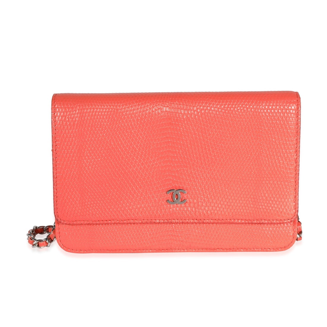 Chanel Wallet On Chain Orange Lizard Leather Crossbody Bag With Dustbag: Chanel Wallet On Chain Orange Lizard Leather Crossbody Bag With Dustbag This Chanel Wallet On Chain features a vibrant coral orange lizard-embossed leather exterior, complemented by silver-tone hardwa