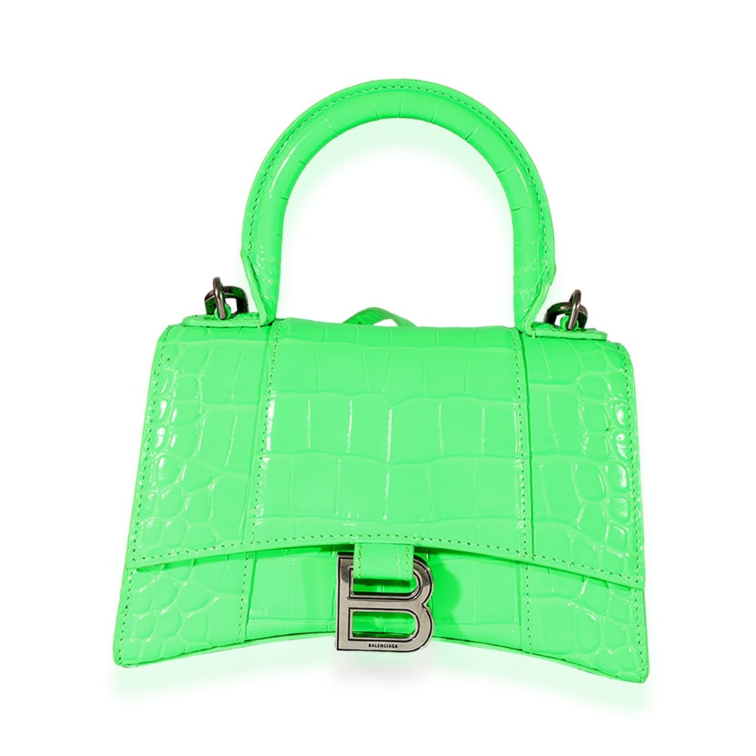 Balenciaga XS Hourglass Green Shiny Crocodile Embossed Top Handle Bag: Balenciaga XS Hourglass Green Shiny Crocodile Embossed Top Handle Bag Introducing the Balenciaga Fluo Green Shiny Calfskin Crocodile Embossed XS Hourglass Top Handle, a chic and versatile accessory pe