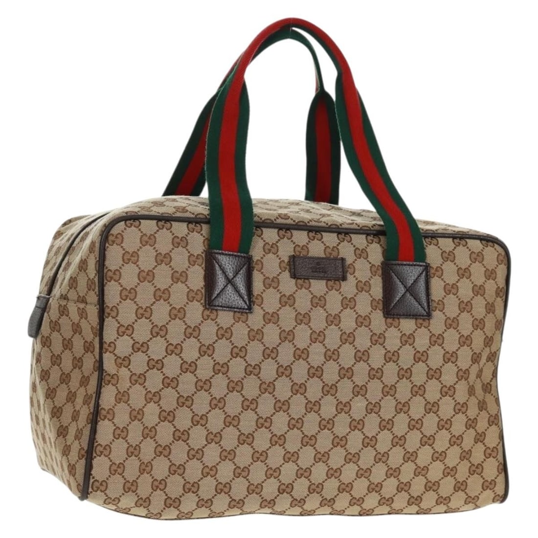 Boston Bag in Beige GG Canvas with Red Green Web by Gucci: Boston Bag in Beige GG Canvas with Red Green Web by Gucci This is a women's Gucci GG Canvas Web Sherry Line Boston Bag in beige with red and green accents. Crafted from signature GG canvas, the bag fe