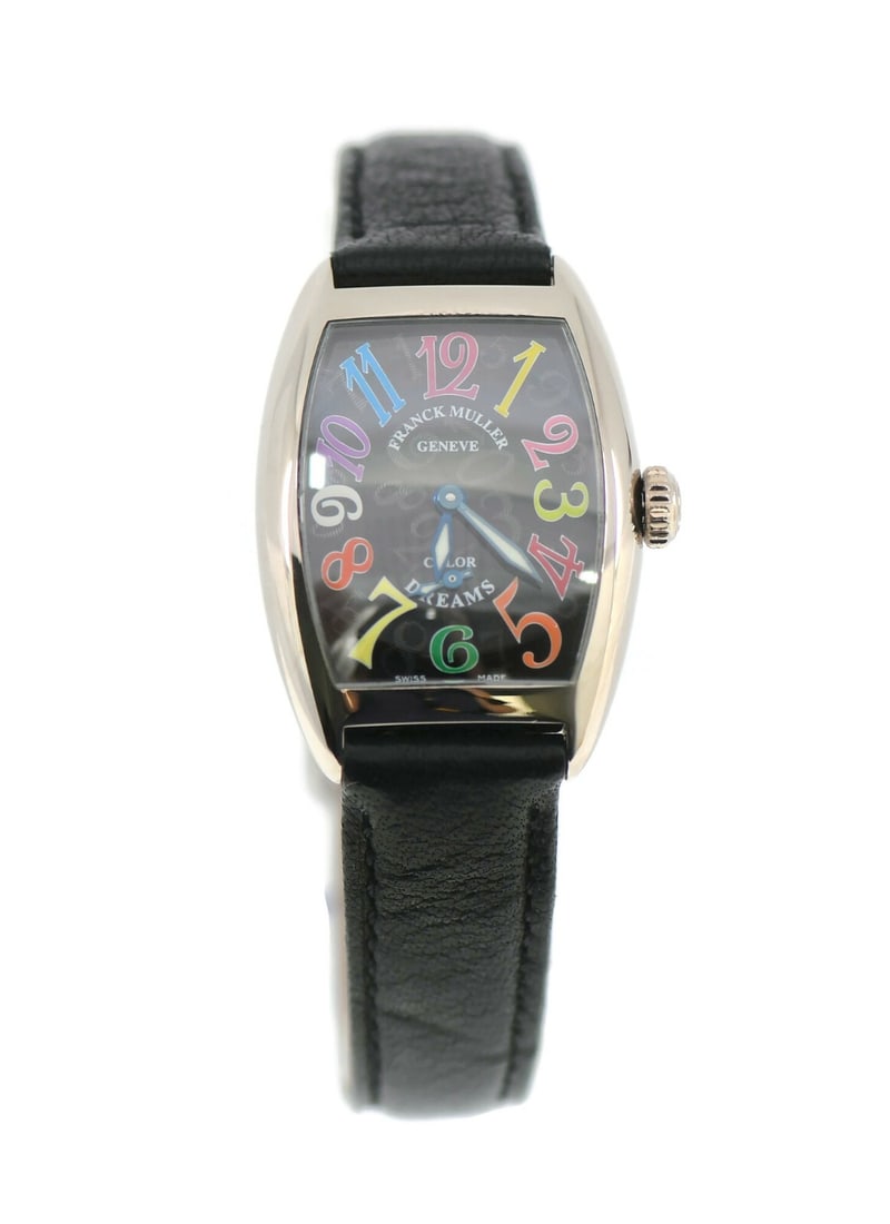 Franck Muller Color Dreams 18K White Gold Watch Ref 1750 with Aftermarket Strap: Franck Muller Color Dreams 18K White Gold Watch Ref 1750 with Aftermarket Strap Discover the exquisite Franck Muller Color Dreams Watch, crafted in luxurious 18K white gold. This stunning wristwatch f