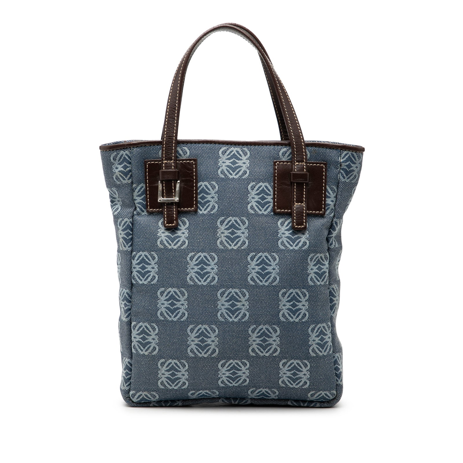 Loewe Blue Denim Anagram Tote with Leather Trim and Magnetic Closure: Loewe Blue Denim Anagram Tote with Leather Trim and Magnetic Closure This LOEWE Anagram Denim Handbag showcases a denim body complemented by leather trim and flat leather handles. It features an open 
