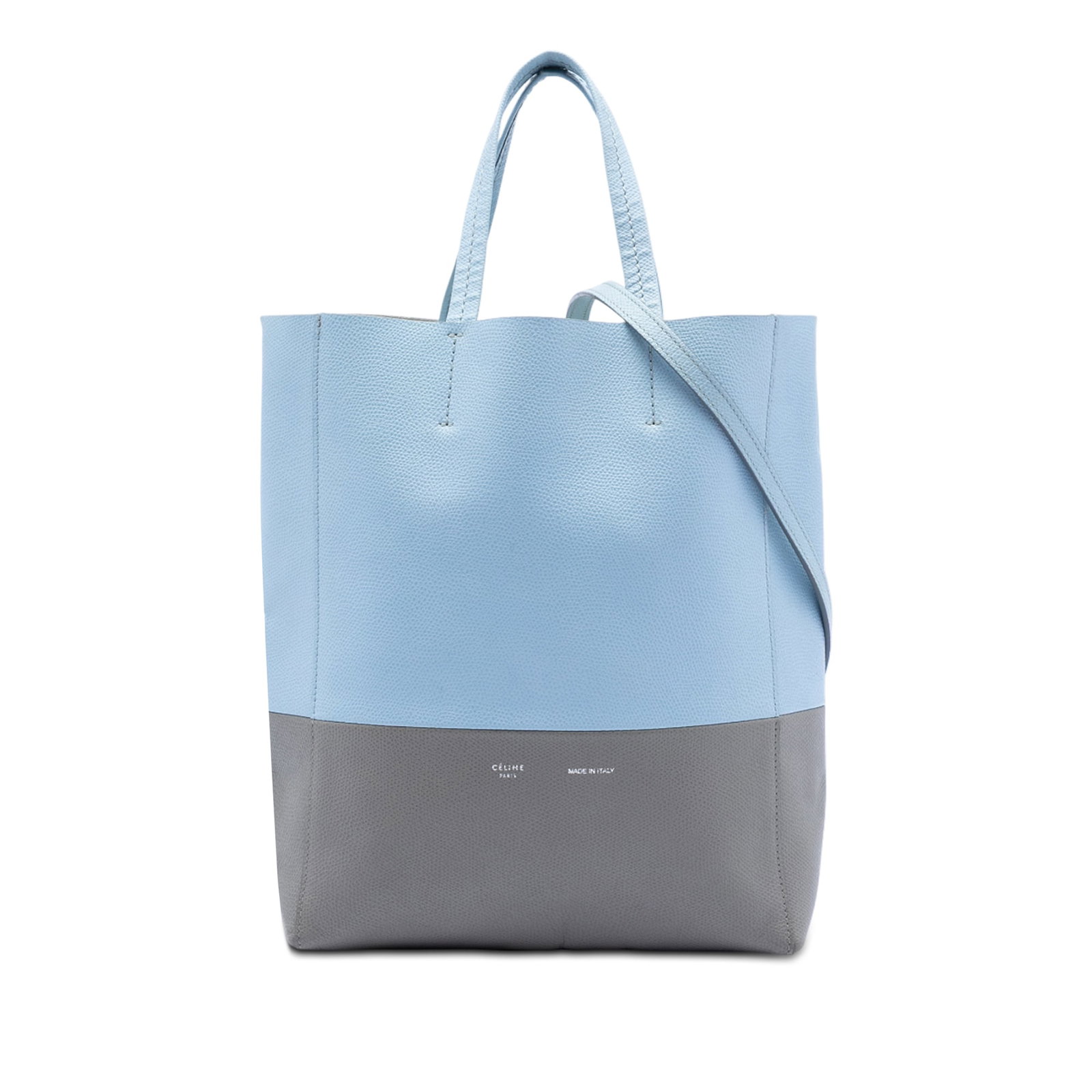 Celine Vertical Cabas Small Blue Bicolor Grained Calfskin Tote Bag: Celine Vertical Cabas Small Blue Bicolor Grained Calfskin Tote Bag This Celine Small Bicolor Grained Calfskin Vertical Cabas Tote features a leather body, flat leather handles, and an adjustable flat 