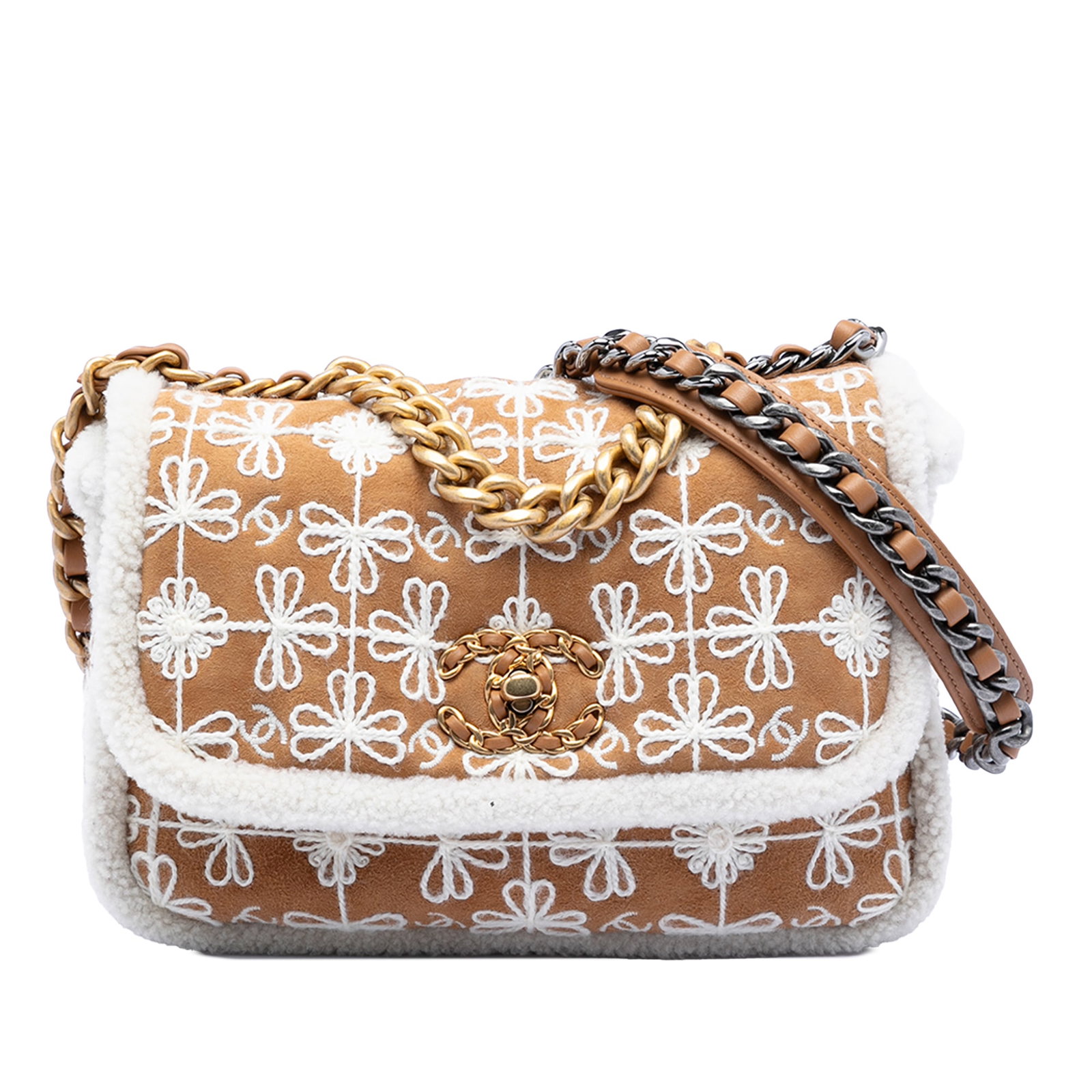 Chanel 19 Medium Brown Suede Flap Bag with Shearling Details (1 of 7)
