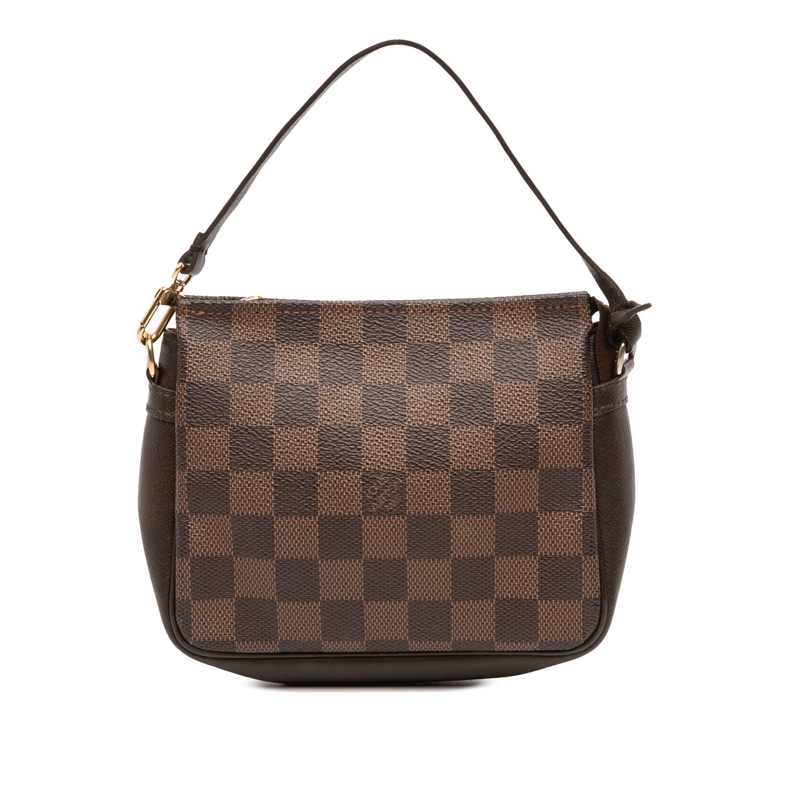 Louis Vuitton Damier Ebene Trousse Pochette Brown Canvas Bag: Louis Vuitton Damier Ebene Trousse Pochette Brown Canvas Bag Introducing the Louis Vuitton Damier Ebene Trousse Pochette, a stylish accessory crafted from luxurious damier ebene canvas with elegant le