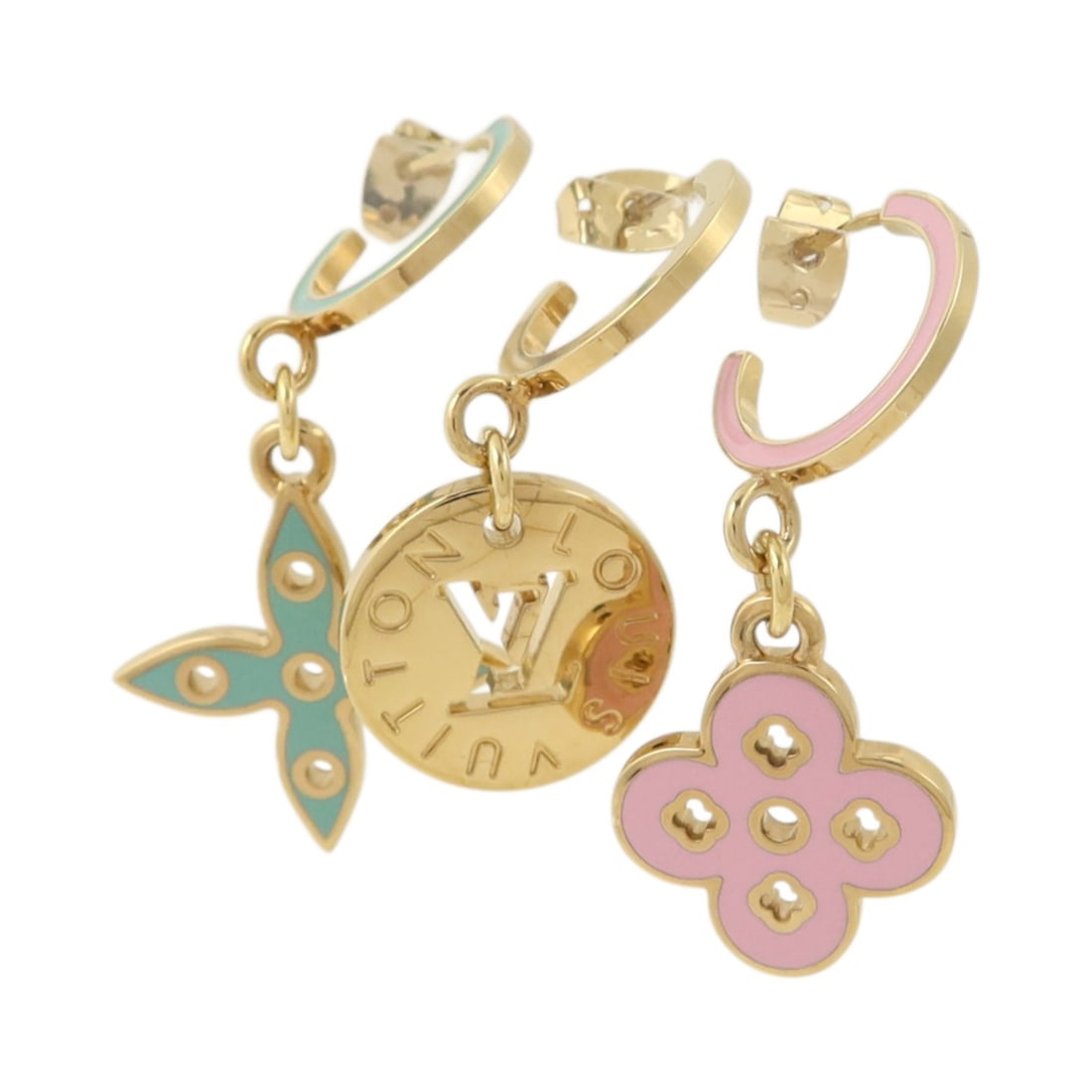 Louis Vuitton Sweet Monogram Pierced Earrings Gold Pink Blue Set M66074: Louis Vuitton Sweet Monogram Pierced Earrings Gold Pink Blue Set M66074 This is a set of Louis Vuitton Sweet Monogram pierced earrings crafted in gold-tone metal with pink and blue accents. Designed f