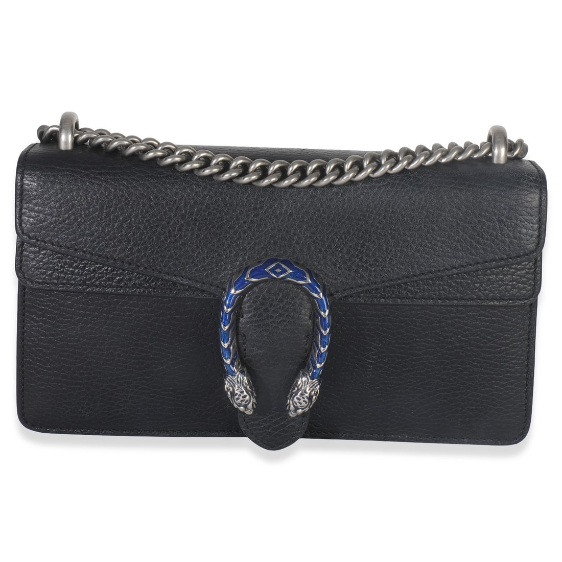 Gucci Small Dionysus Shoulder Bag in Black Leather: Gucci Small Dionysus Shoulder Bag in Black Leather This Gucci Small Dionysus Shoulder Bag is crafted from black pebbled calfskin leather with silver-tone hardware. It features a push lock closure, a b
