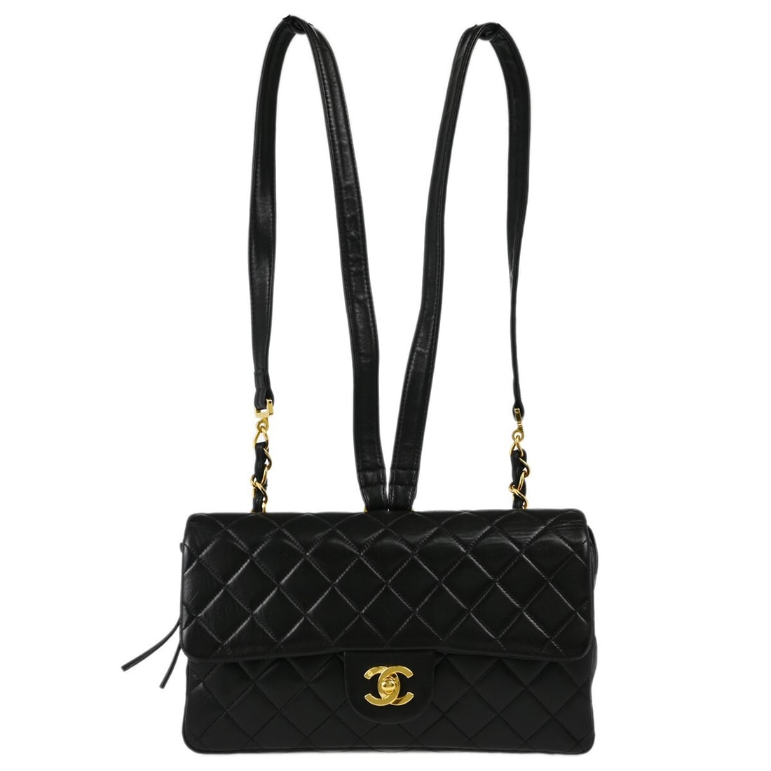Chanel Duma Black Lambskin Leather Backpack with Turn Lock Closure: Chanel Duma Black Lambskin Leather Backpack with Turn Lock Closure This elegant Chanel Black Lambskin Backpack features a refined design perfect for everyday use. Crafted from luxurious lambskin leath