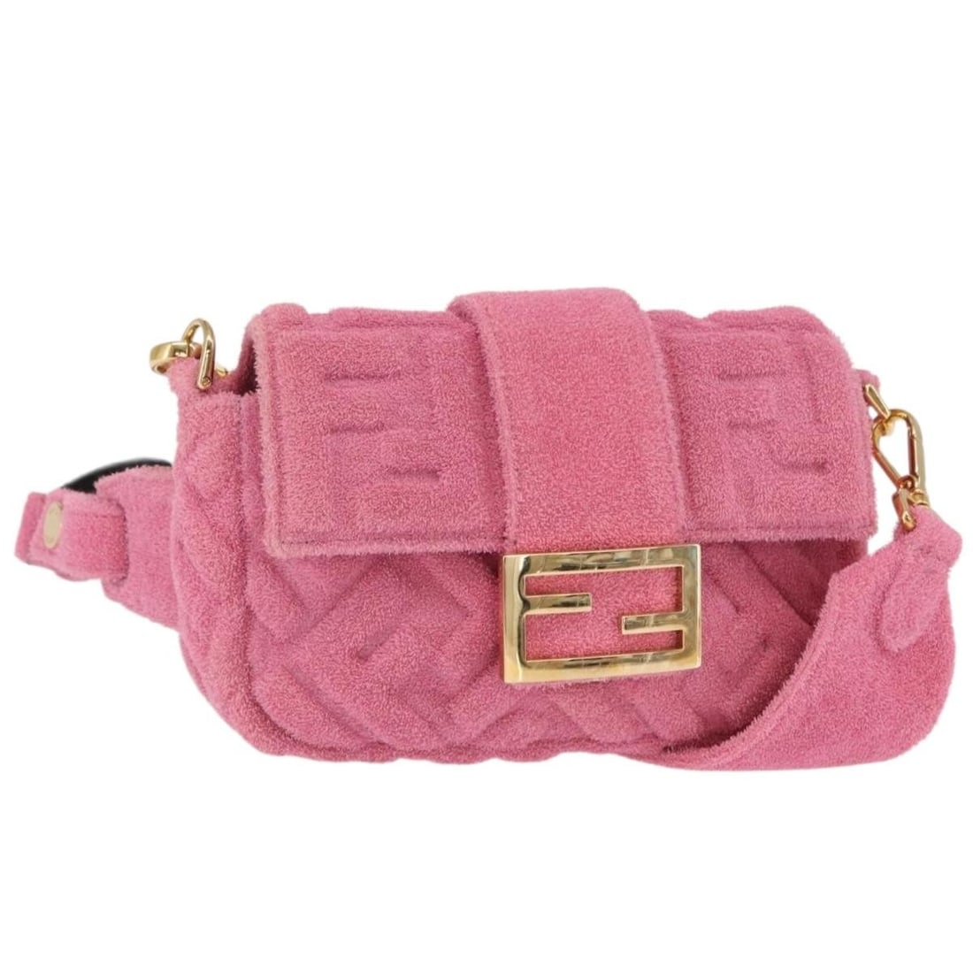 Fendi Mini Mamma Baguette Pink Gold Zucca Canvas Shoulder Bag with Strap: Fendi Mini Mamma Baguette Pink Gold Zucca Canvas Shoulder Bag with Strap This FENDI Mini Mamma Baguette shoulder bag features the iconic Zucca canvas in an attractive pink and gold color combination. 