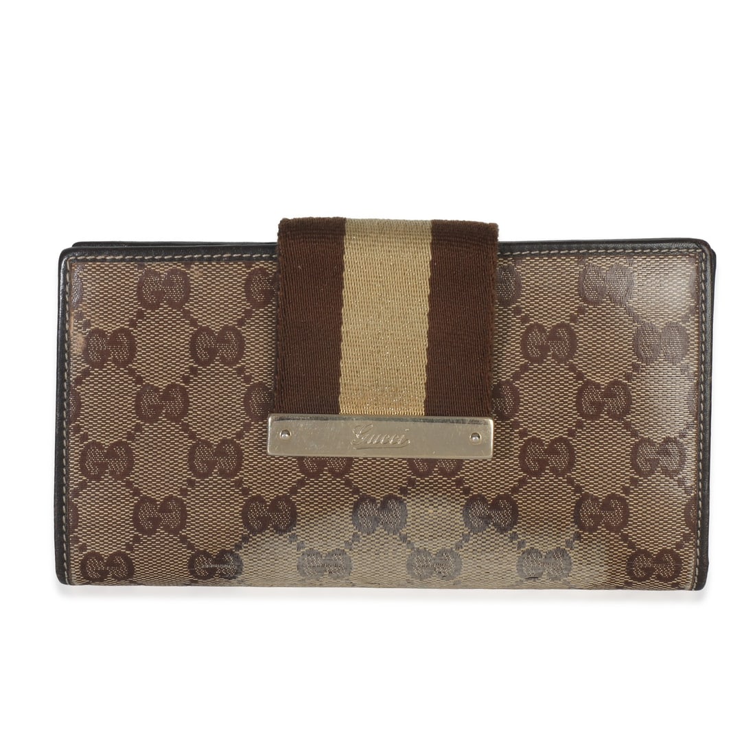Gucci Continental Long Wallet Coated Canvas Brown Snap Closure: Gucci Continental Long Wallet Coated Canvas Brown Snap Closure This Gucci Continental Long Wallet features a beige and ebony GG Crystal coated canvas exterior with gold-tone hardware. Designed for uni