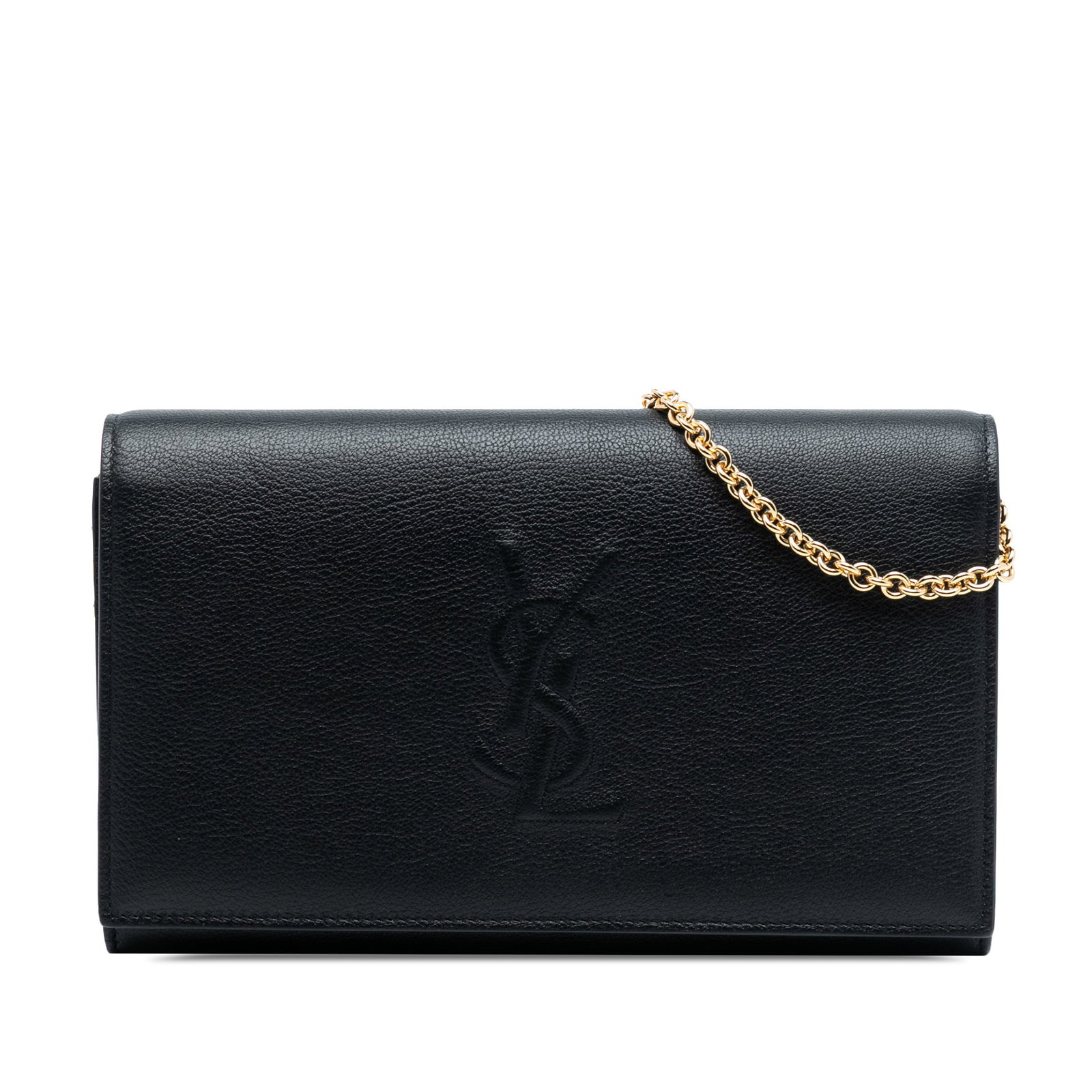 Black Leather Saint Laurent Belle de Jour Chain Wallet with Gold-Tone Strap: Black Leather Saint Laurent Belle de Jour Chain Wallet with Gold-Tone Strap This Saint Laurent Belle de Jour wallet on chain features a black leather body and a gold-tone chain strap. It is designed w