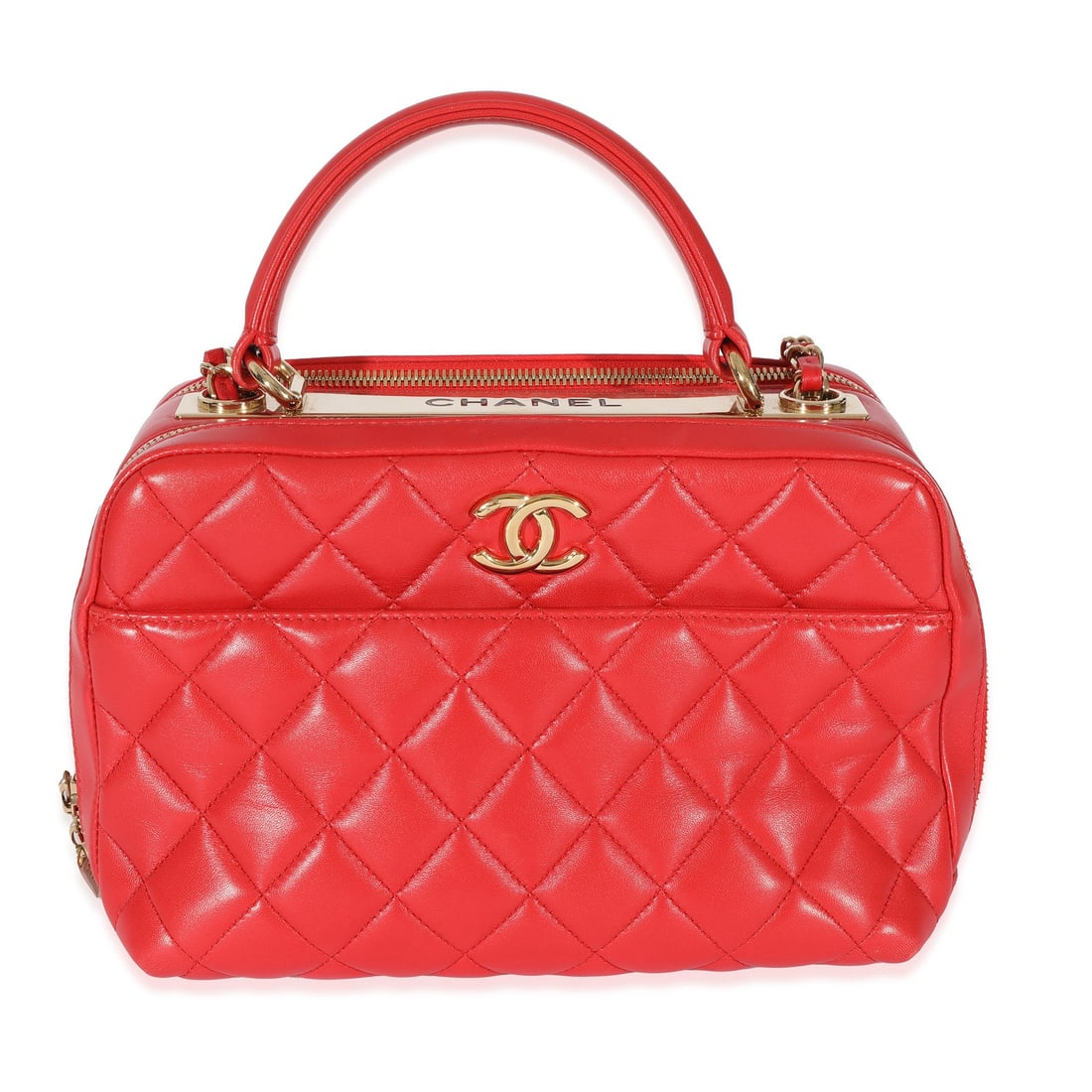 Red Lambskin CC Trendy Bowling Shoulder Bag by Chanel with Gold Tone Hardware: Red Lambskin CC Trendy Bowling Shoulder Bag by Chanel with Gold Tone Hardware This Chanel CC Trendy Bowling Bag features luxurious red quilted lambskin leather with gold-tone hardware. Designed with b
