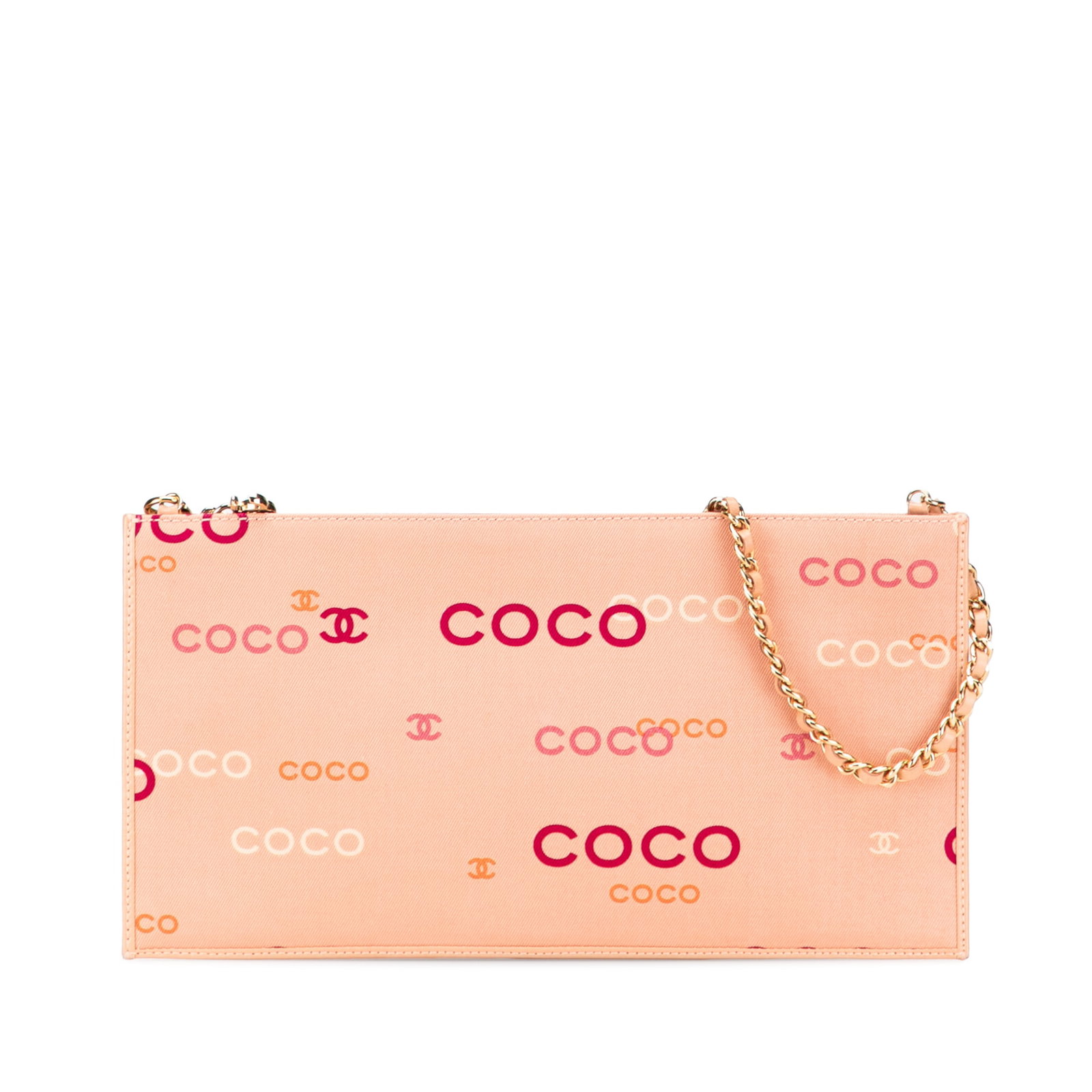 Chanel Pink Canvas Coco Chain Pochette Bag with Leather Trim: Chanel Pink Canvas Coco Chain Pochette Bag with Leather Trim The Chanel Canvas Coco Chain Pochette is a stylish handbag crafted from durable canvas with elegant leather trim. It features a chic leathe