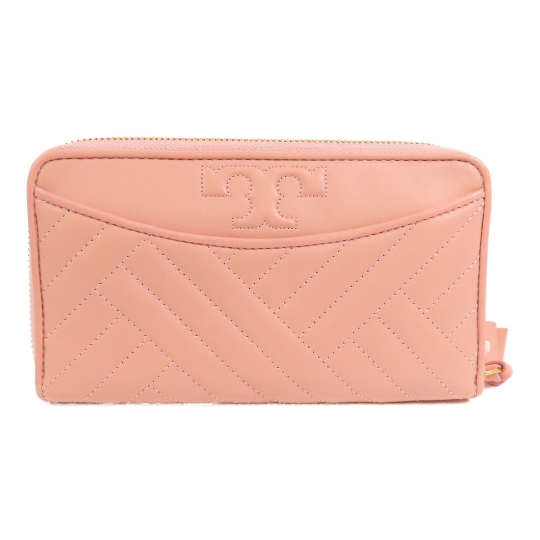 Pink Calfskin Tory Burch Zip Around Long Wallet with Gold Hardware: Pink Calfskin Tory Burch Zip Around Long Wallet with Gold Hardware This Tory Burch round zipper long wallet is crafted from pink calfskin leather and features gold-tone hardware. Designed in a classic