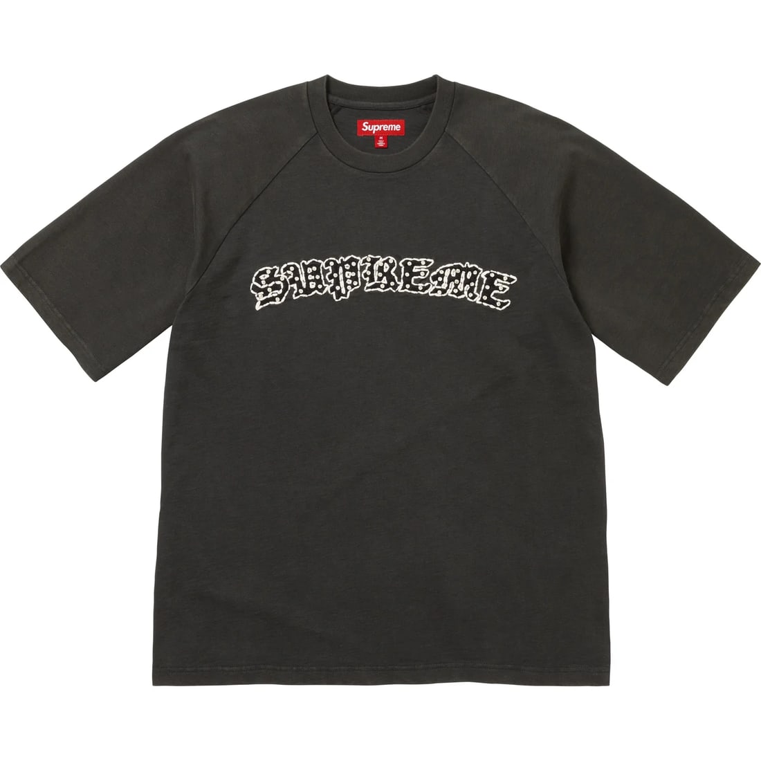 Black Short Sleeve Raglan Tee with Rhinestone Supreme Logo Size Large: Black Short Sleeve Raglan Tee with Rhinestone Supreme Logo Size Large This Supreme Rhinestone Raglan Black Short Sleeve Top features classic raglan sleeves for enhanced comfort and mobility. The stand