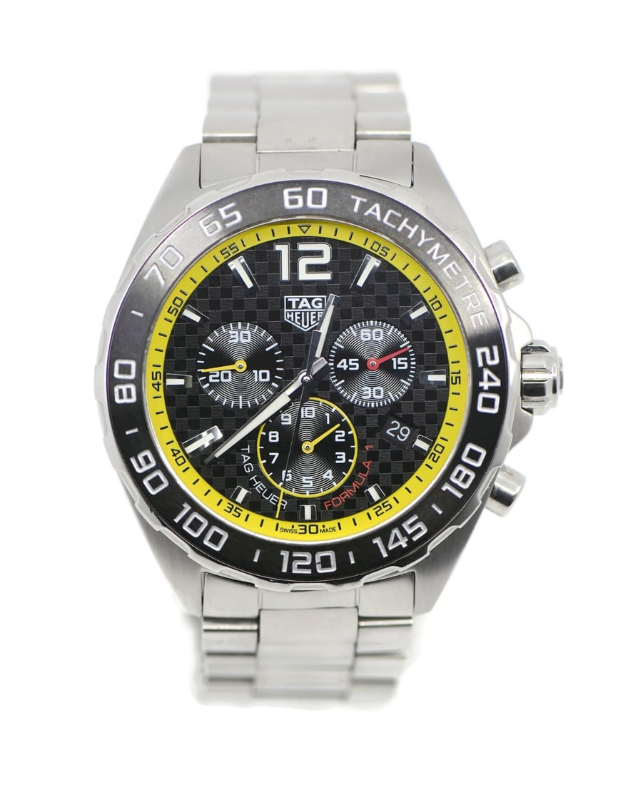 Stainless Steel TAG Heuer Formula 1 Chronograph Watch CAZ101AC with Box and Papers: Stainless Steel TAG Heuer Formula 1 Chronograph Watch CAZ101AC with Box and Papers This TAG Heuer Formula 1 Chronograph is a stainless steel wristwatch featuring a 43 mm case and a black analog dial. 