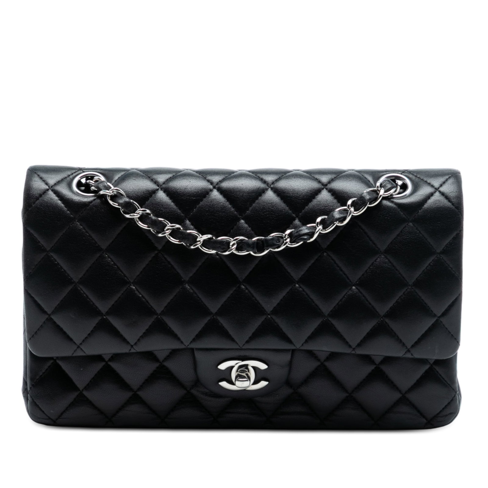 Black Chanel Double Flap Medium Classic Quilted Lambskin Shoulder Bag: Black Chanel Double Flap Medium Classic Quilted Lambskin Shoulder Bag This Chanel Medium Classic Double Flap shoulder bag features a quilted black lambskin leather body with a back exterior slip pocke